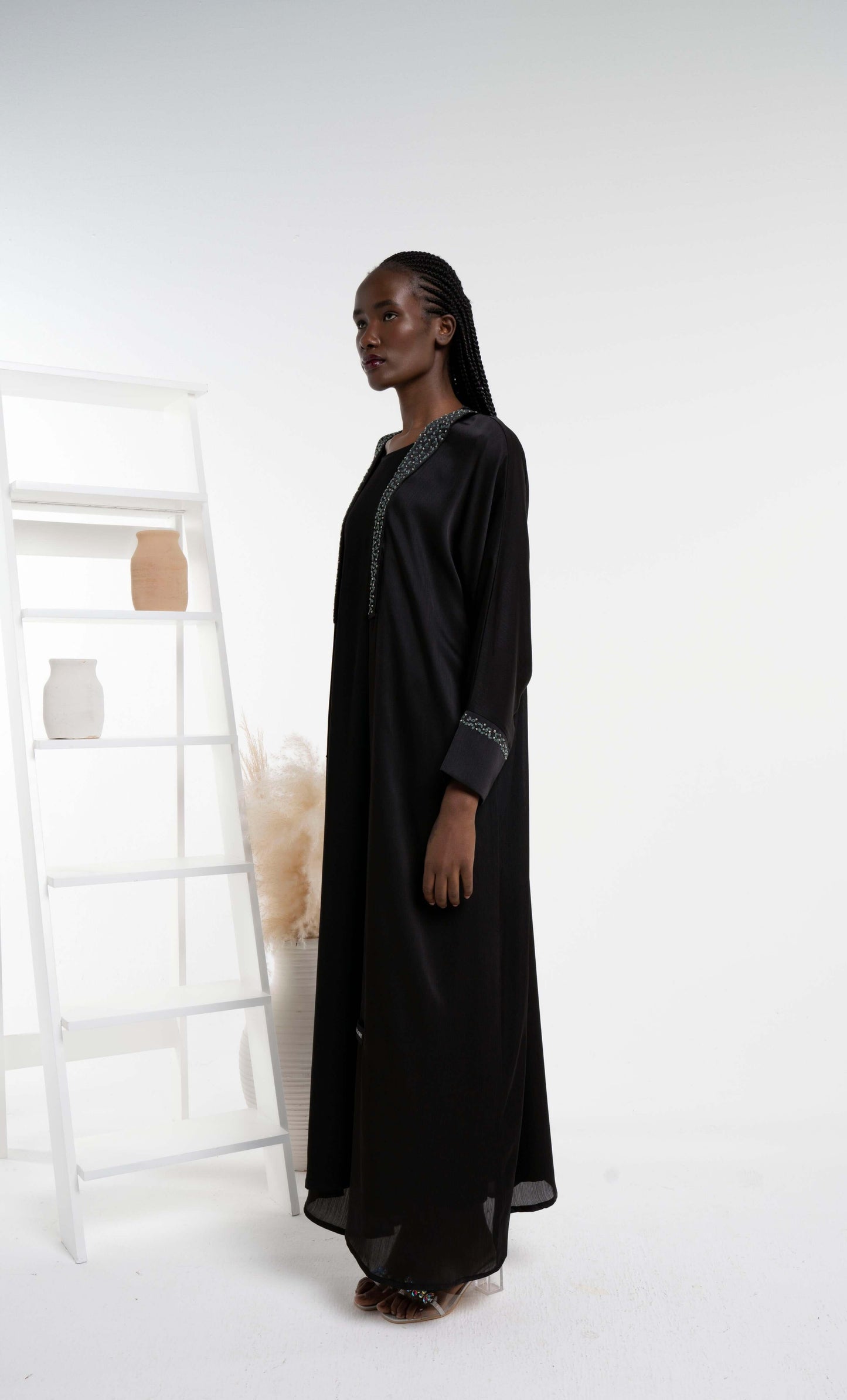 Soft Silk Satin Bisht Black Abaya With Floral Embroidery On Collar And Cuff Sleeves