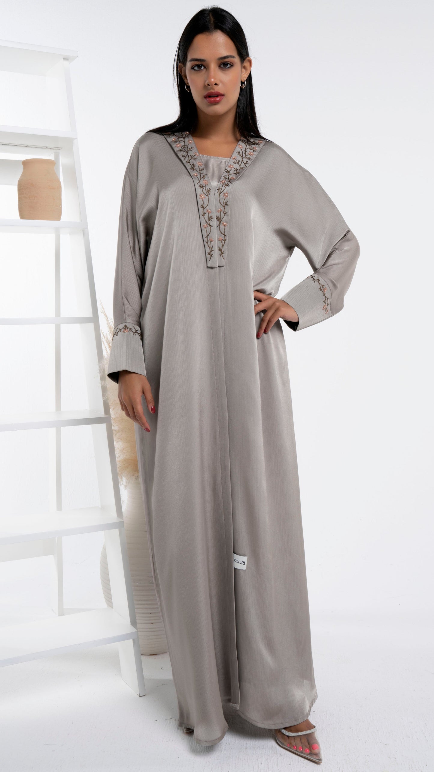 Brown silk satin abaya with floral embroidery for sale in Dubai