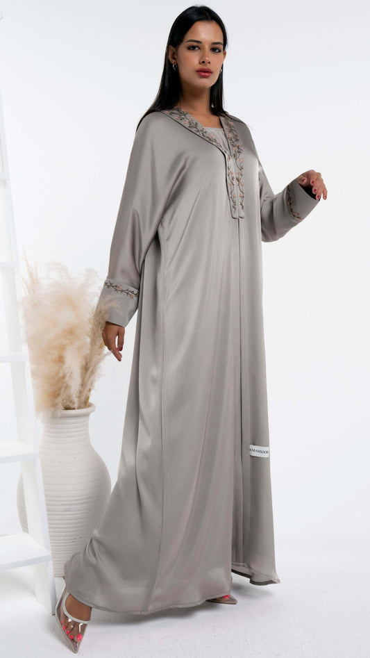 Silk satin abaya with floral embroidery for sale in Dubai