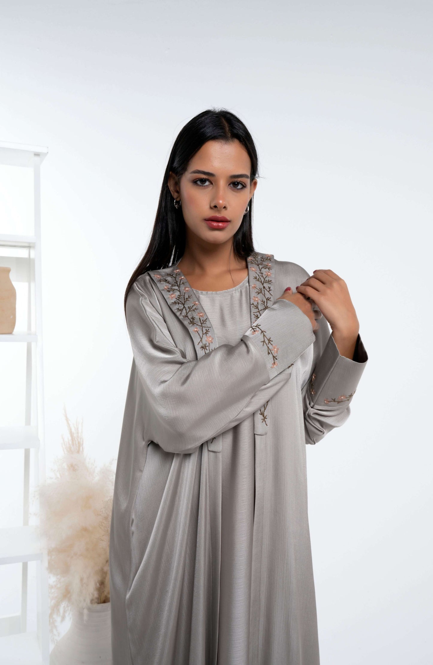 Silk satin abaya with floral embroidery on collar and sleeves