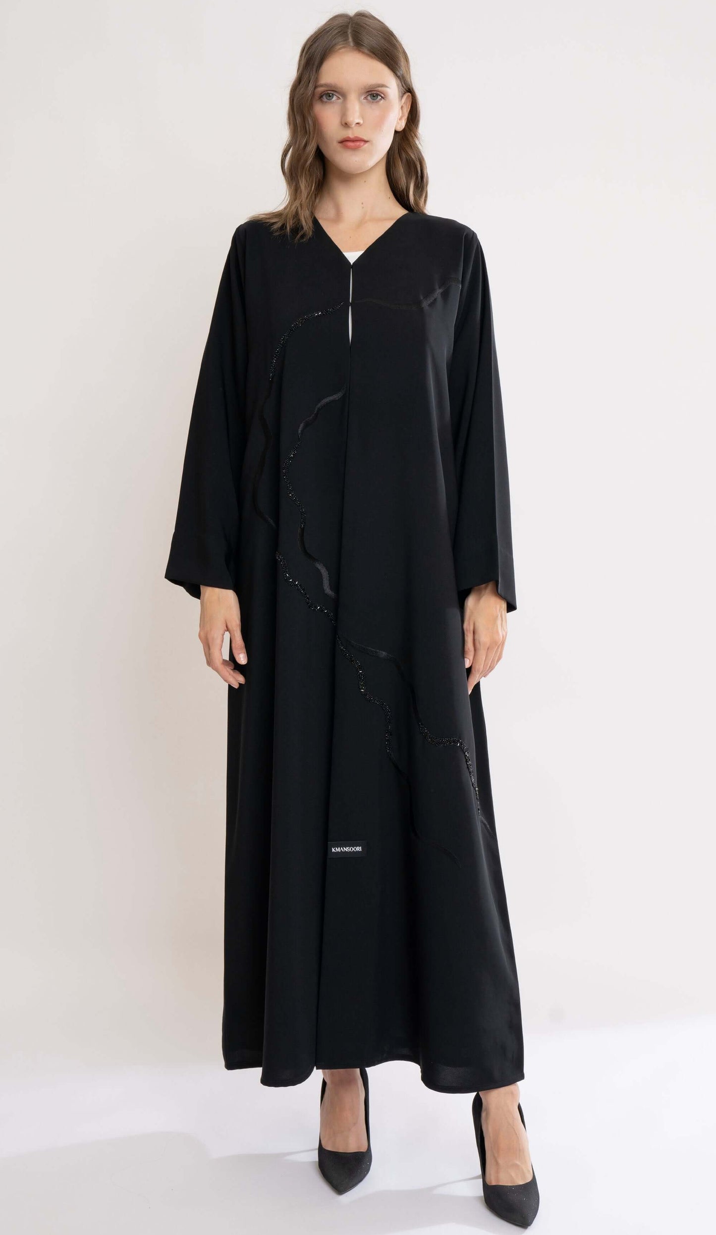 Black Abaya With Embroidery And Beadwork Design On Front