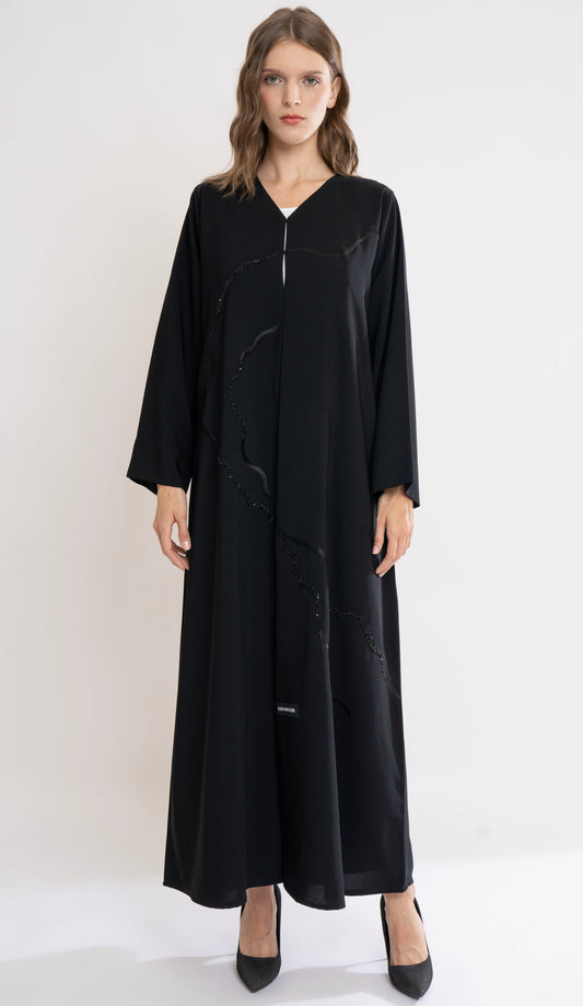 Black Abaya With Embroidery And Beadwork Design On Front