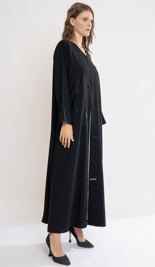 Black Abaya With Embroidery And Beadwork Design On Front