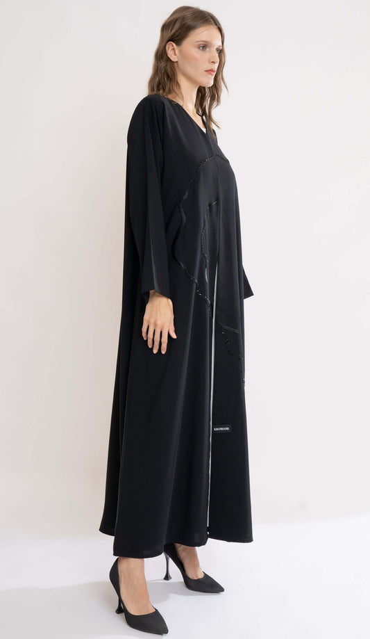 Black Abaya With Embroidery And Beadwork Design On Front