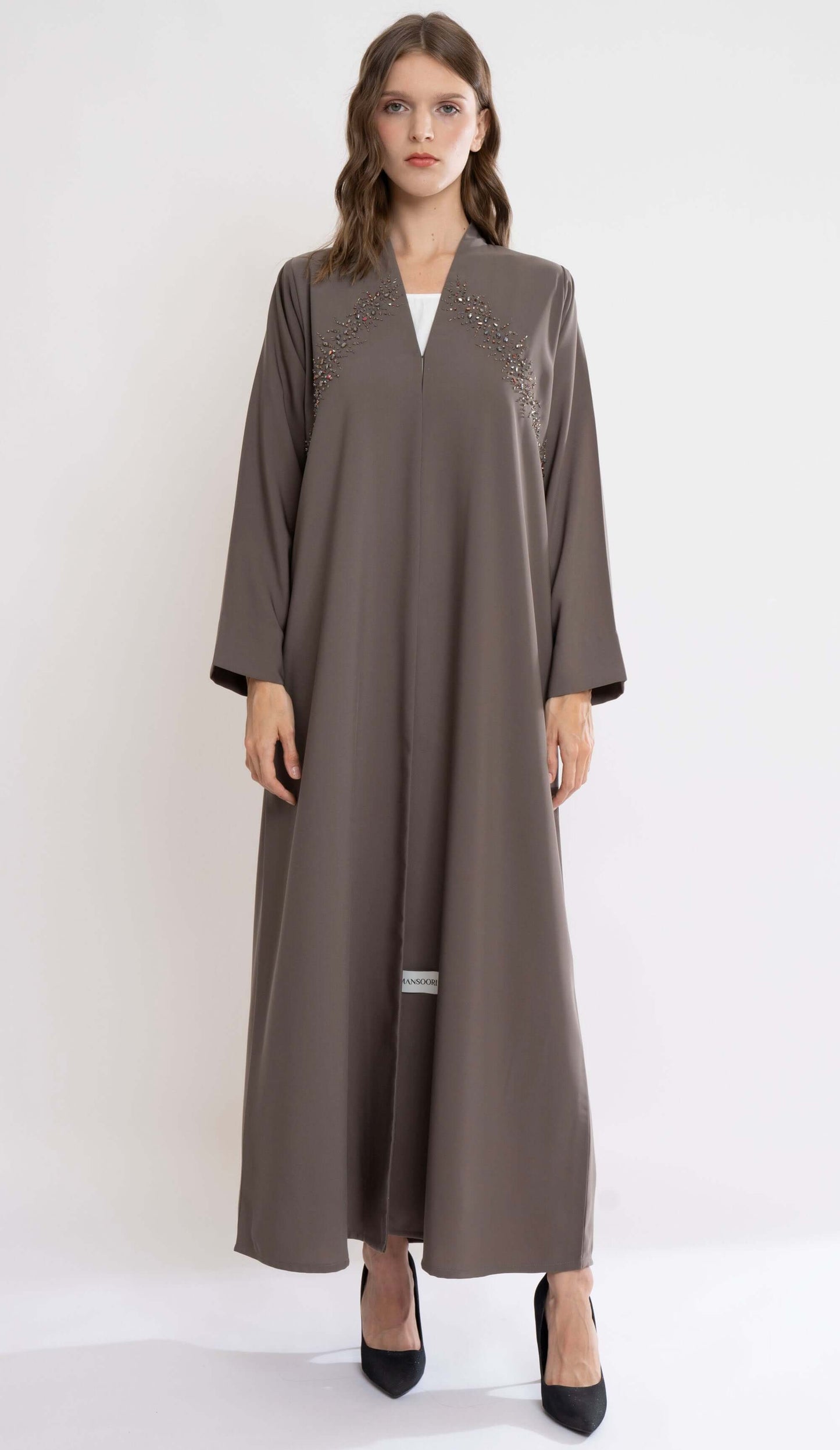 Beige Highneck Abaya With Beautiful Beadwork On Front