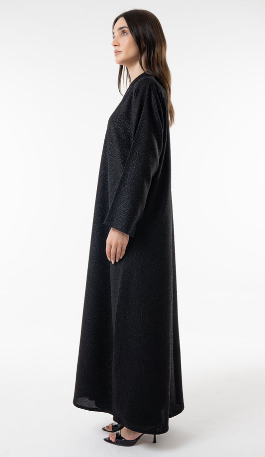 Black Jacquard Abaya With Silver Clasp Detail