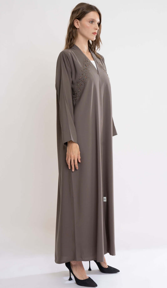 Beige Highneck Abaya With Beautiful Beadwork On Front