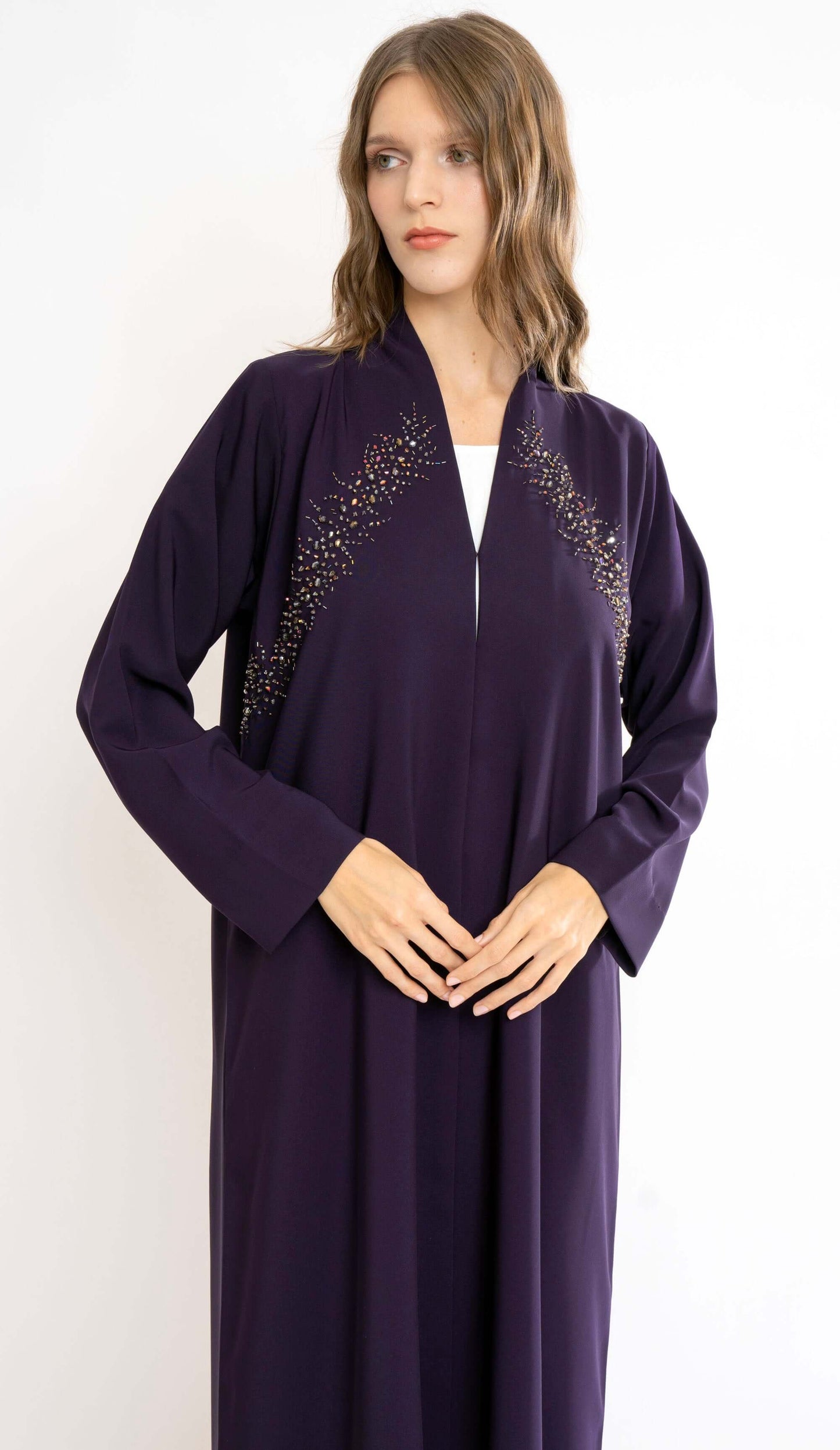 Purple Highneck Abaya With Beautiful Beadwork On Front
