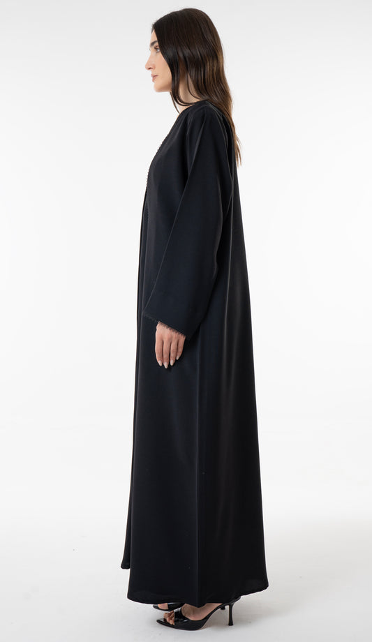 Black V-Neck Abaya With Curved Panel Lace Detail