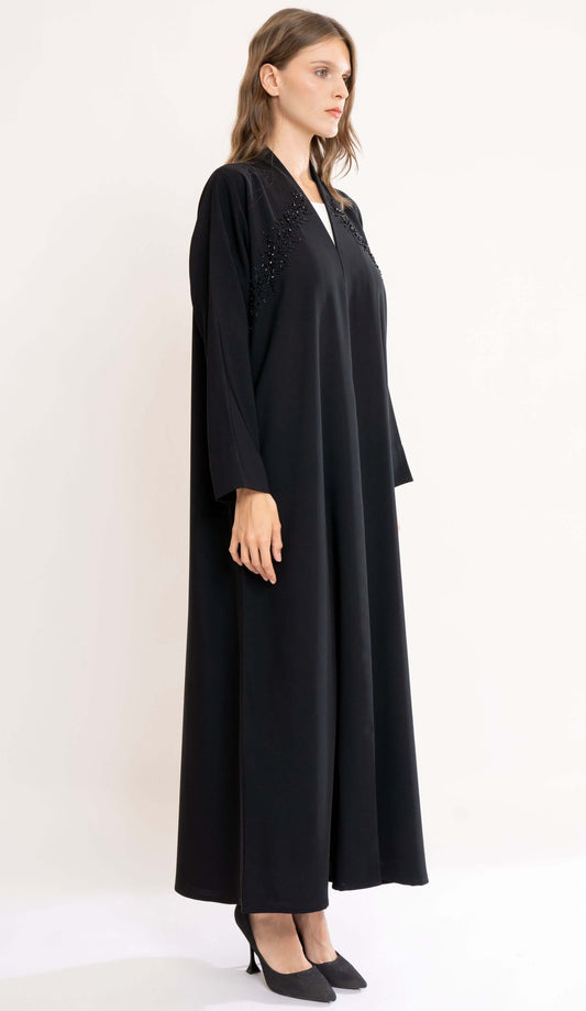 Black Highneck Abaya With Beautiful Beadwork On Front