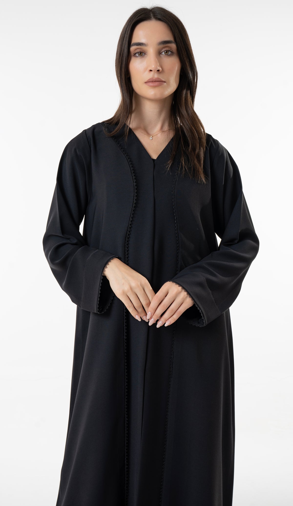 Black V-Neck Abaya With Curved Panel Lace Detail