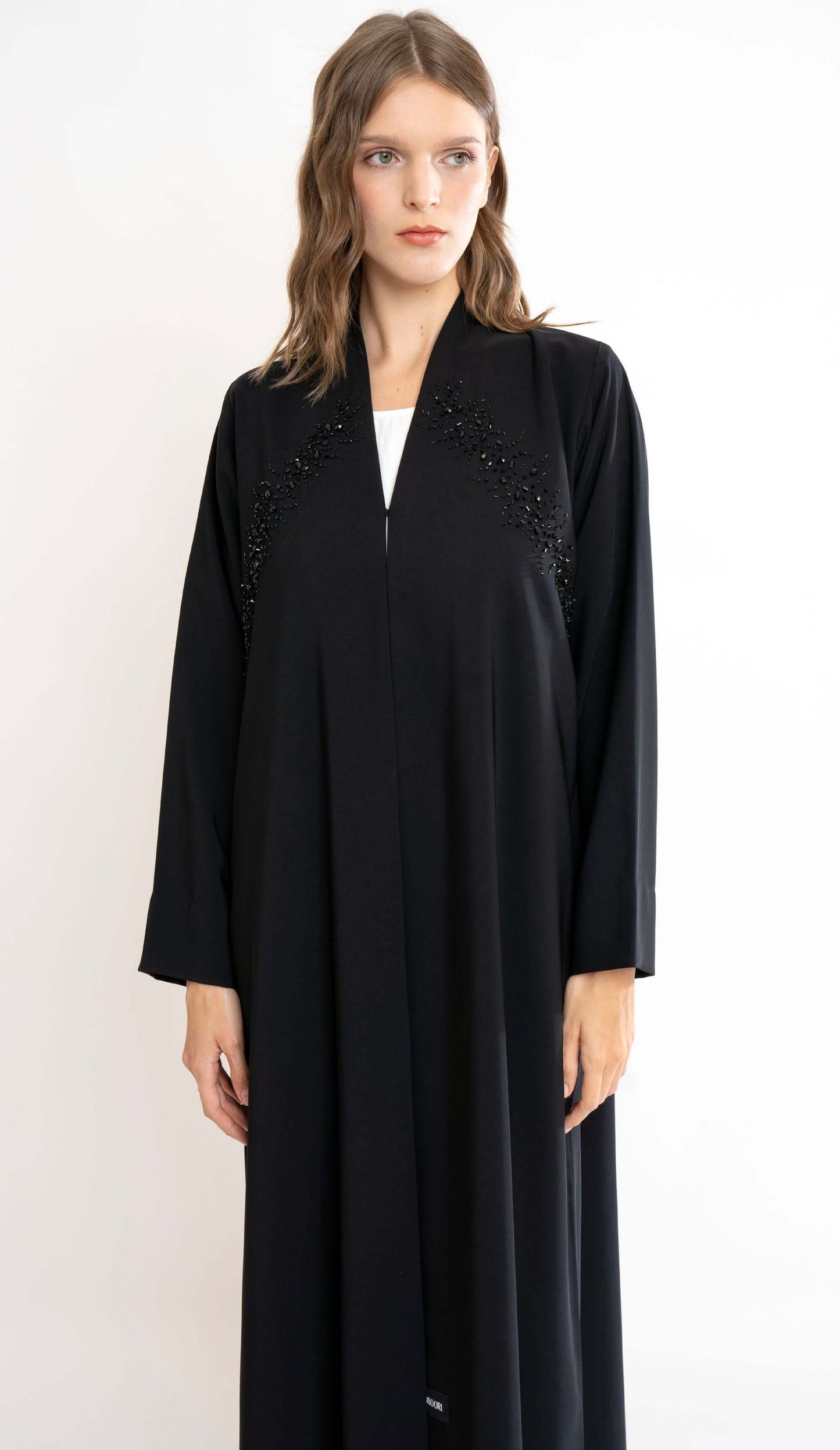 Black Highneck Abaya With Beautiful Beadwork On Front