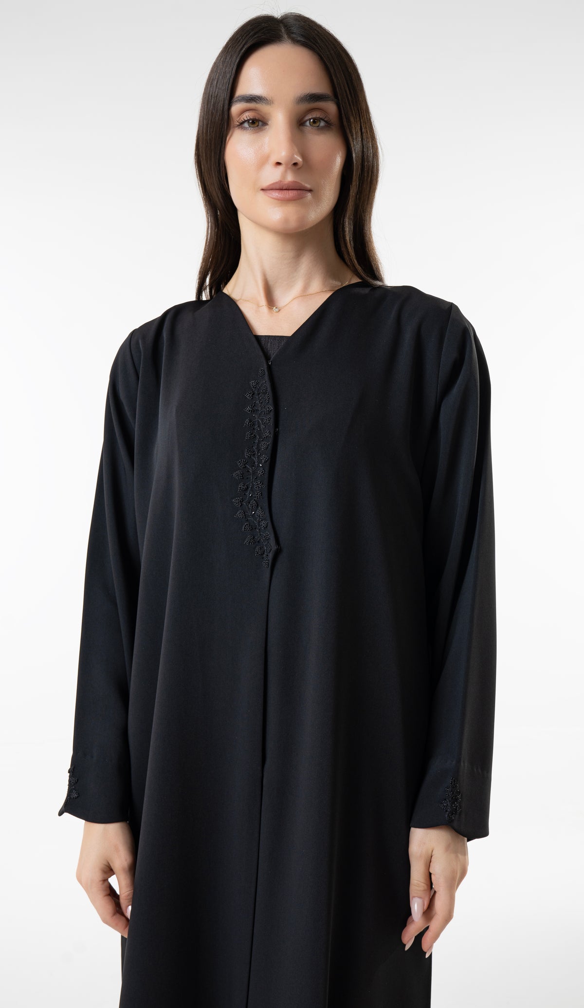 Classic Black Abaya With Embroidered Front And Sleeves