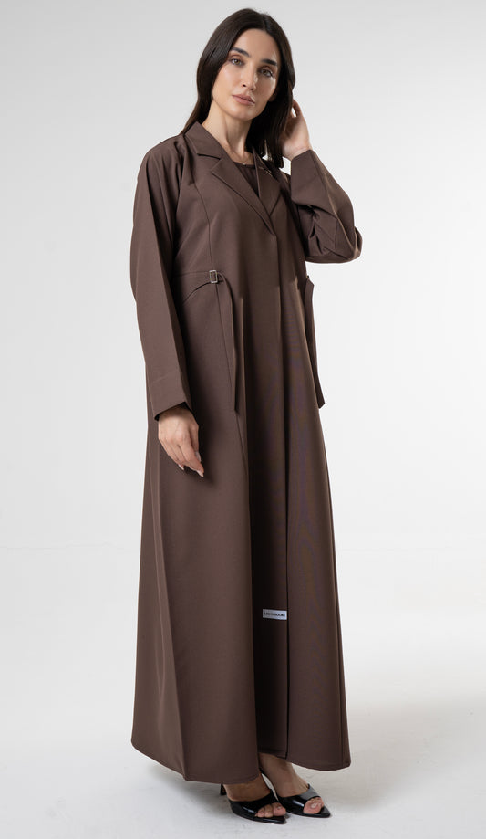 Brown Tailored Abaya With Side Waist Buckle Detail