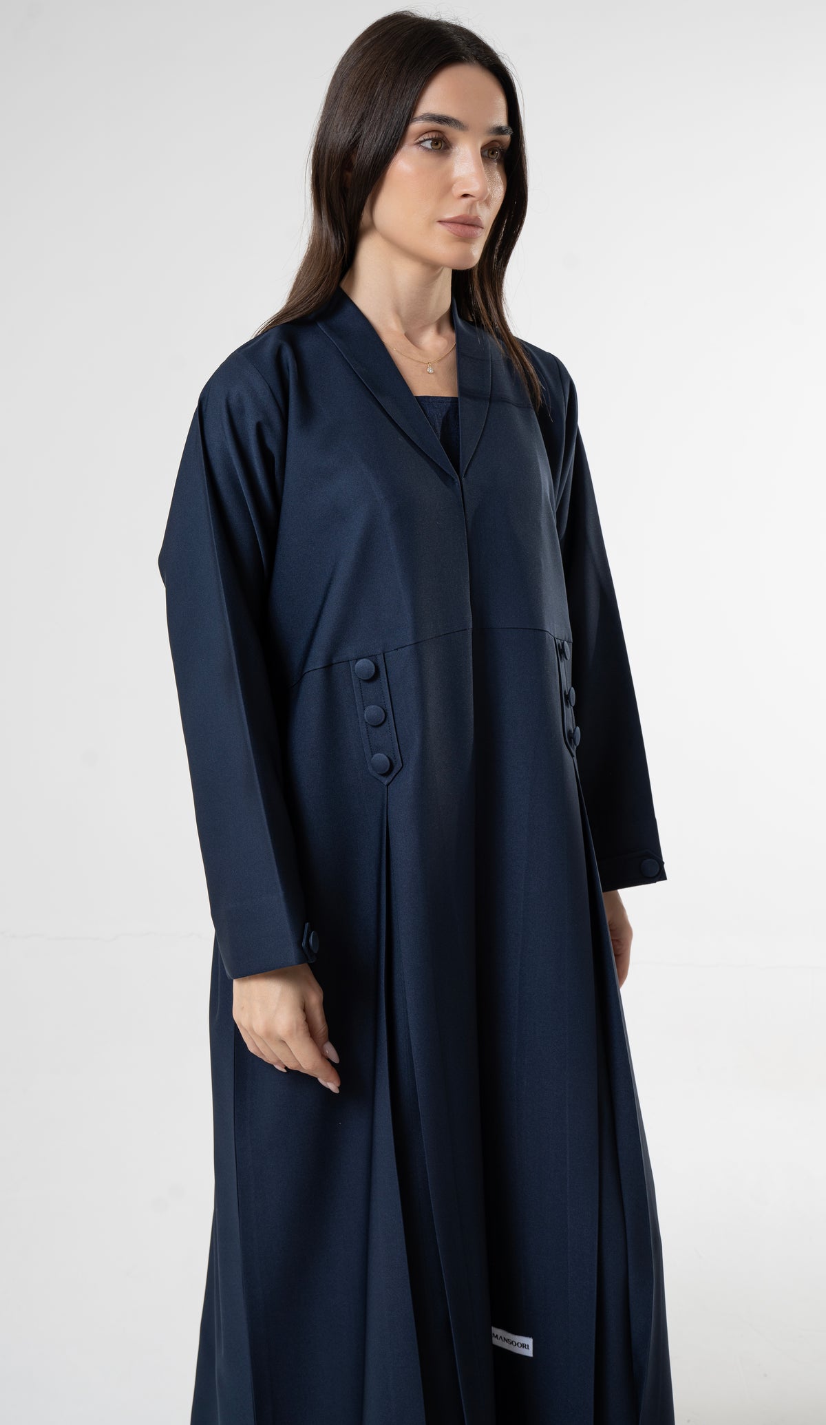 Blue Flowy Abaya With Covered Buttons And Button Cuffs