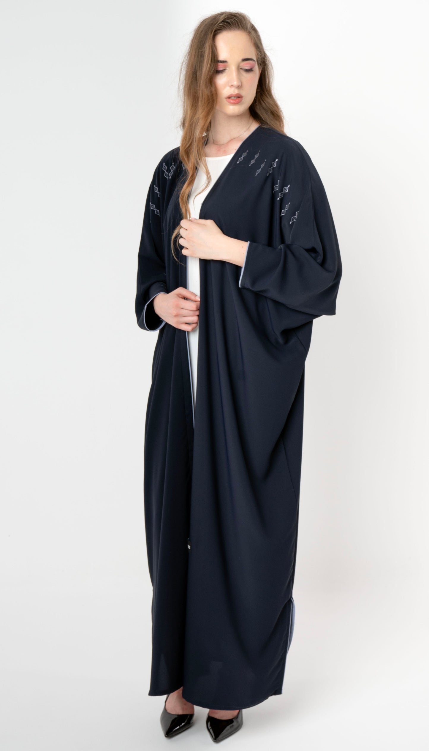 Embroidered Baharaini Style Abaya With Piping Detail