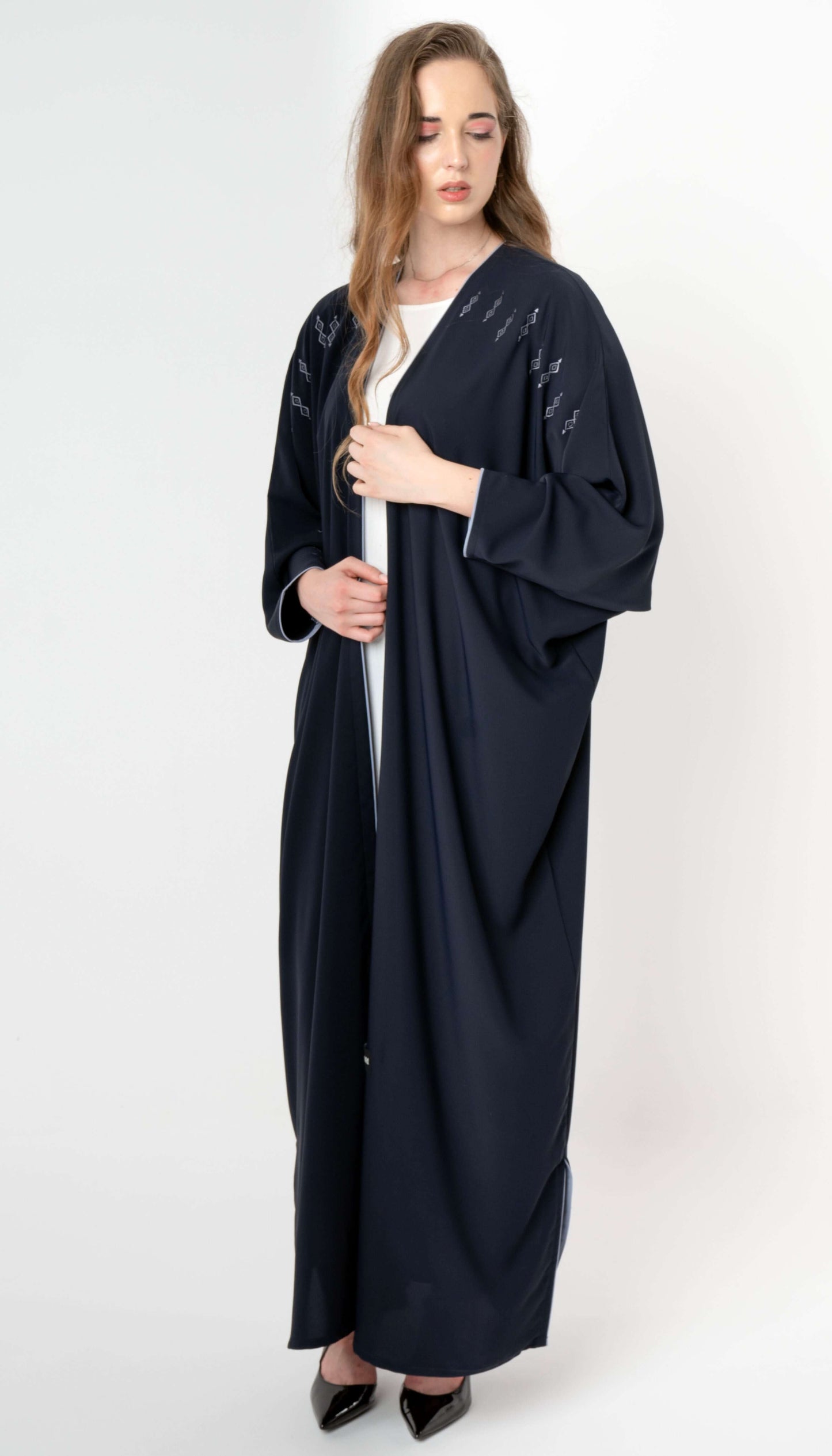 Embroidered Baharaini Style Abaya With Piping Detail