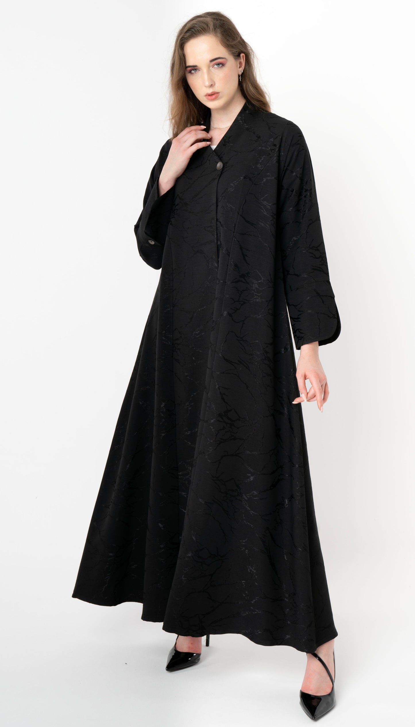 Black Printed Abaya With Patterned Buttoned Sleeves
