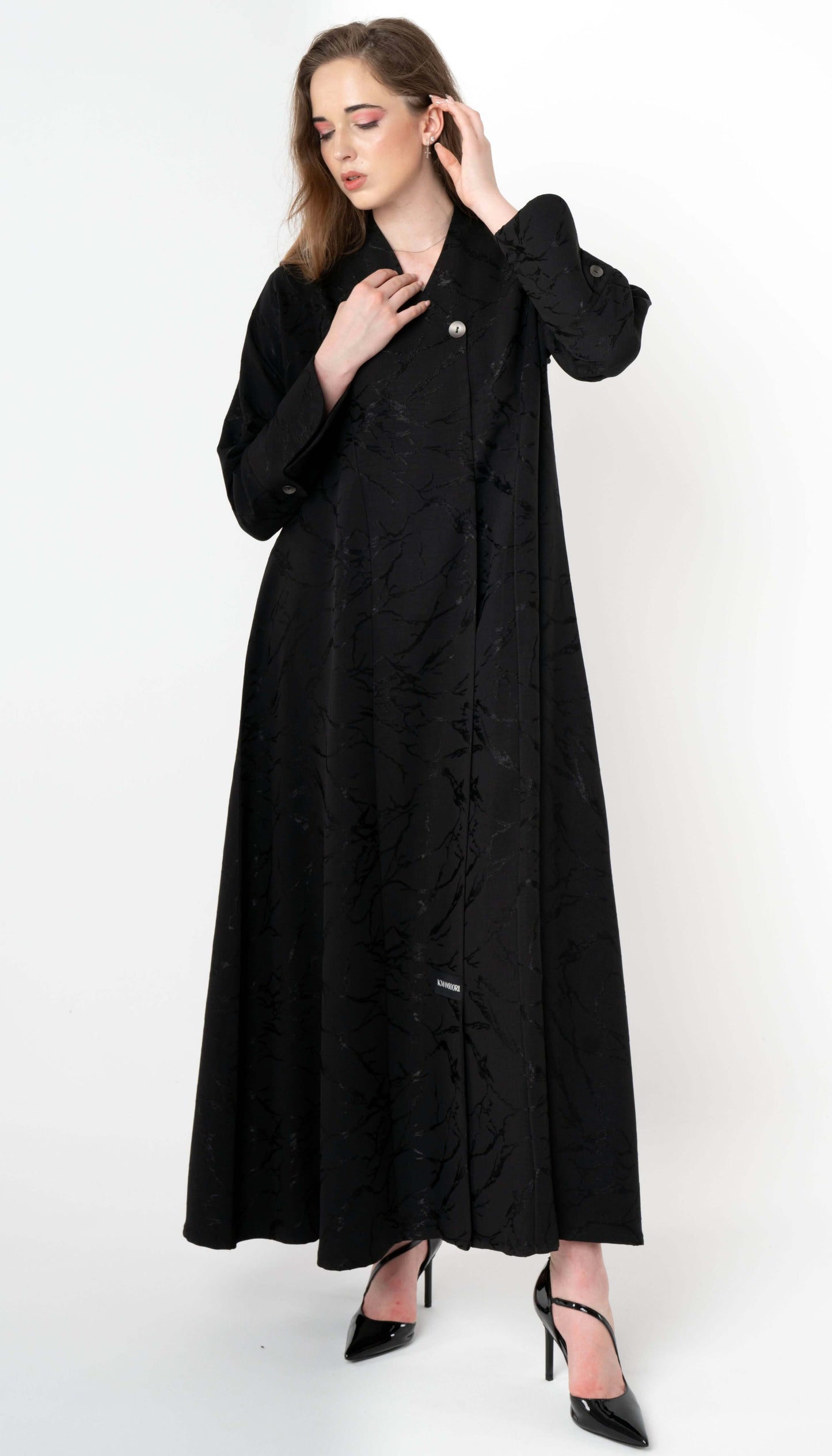 Black Printed Abaya With Patterned Buttoned Sleeves