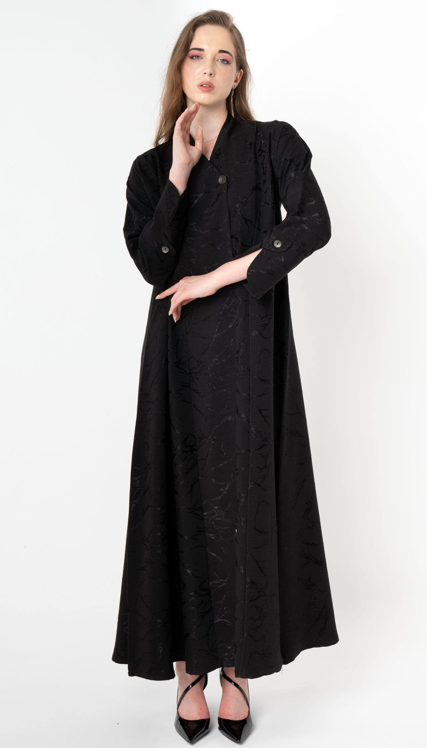 Black Printed Abaya With Patterned Buttoned Sleeves
