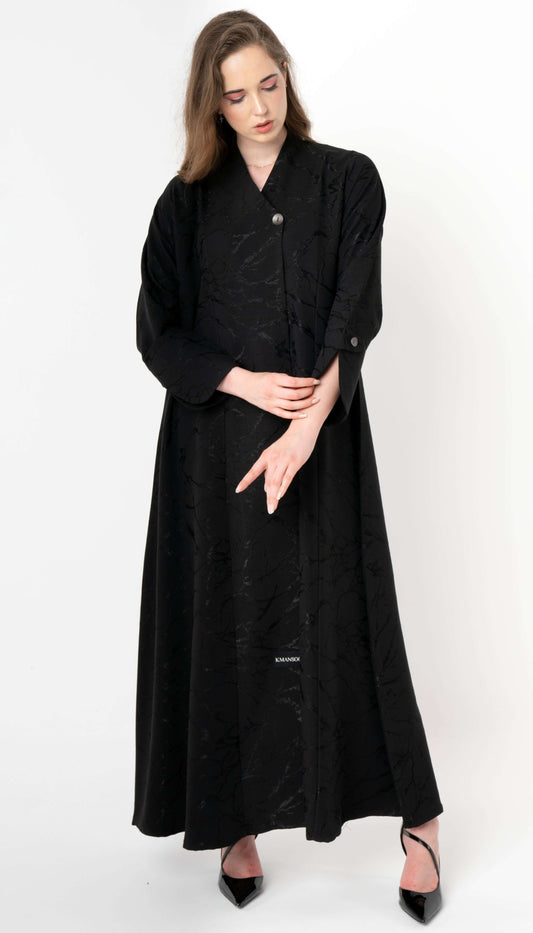 Black Printed Abaya With Patterned Buttoned Sleeves