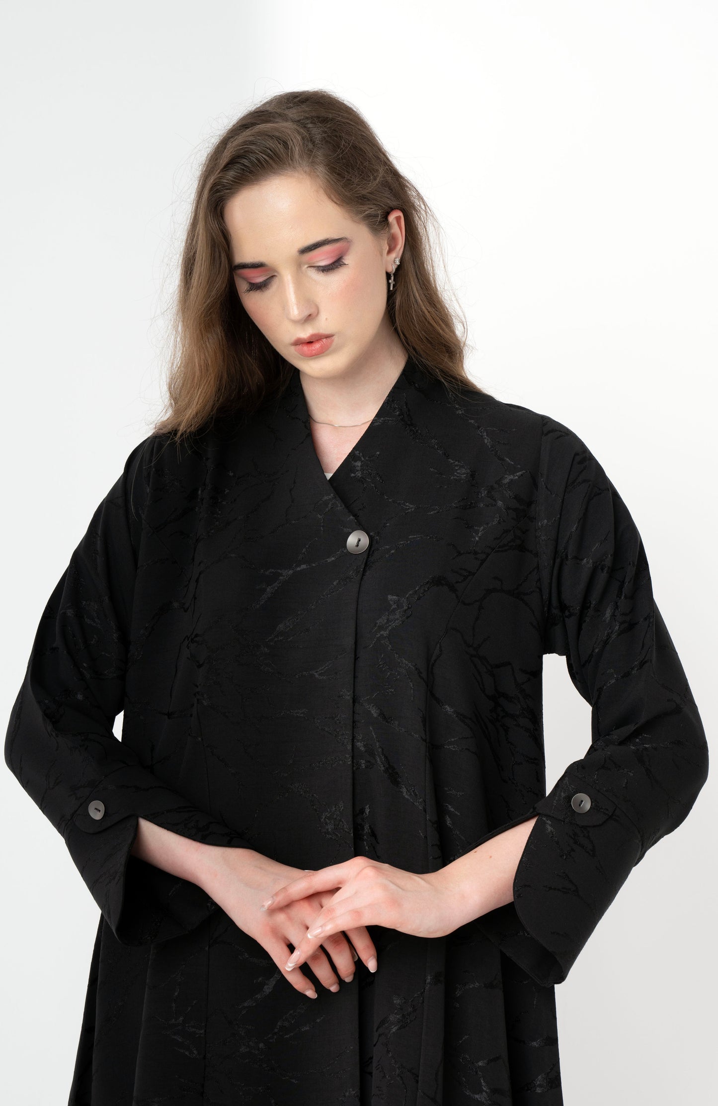 Black Printed Abaya With Patterned Buttoned Sleeves