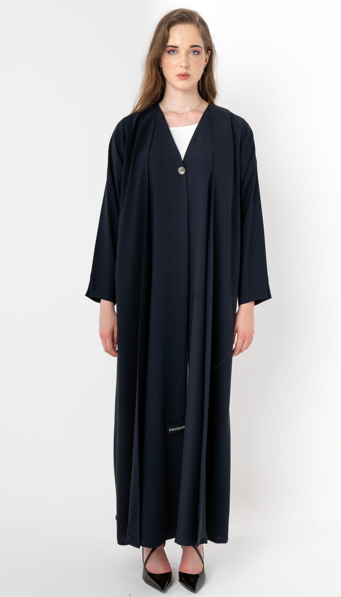 Double Layered Abaya With Elegantly Embellished Button Adorning The Front