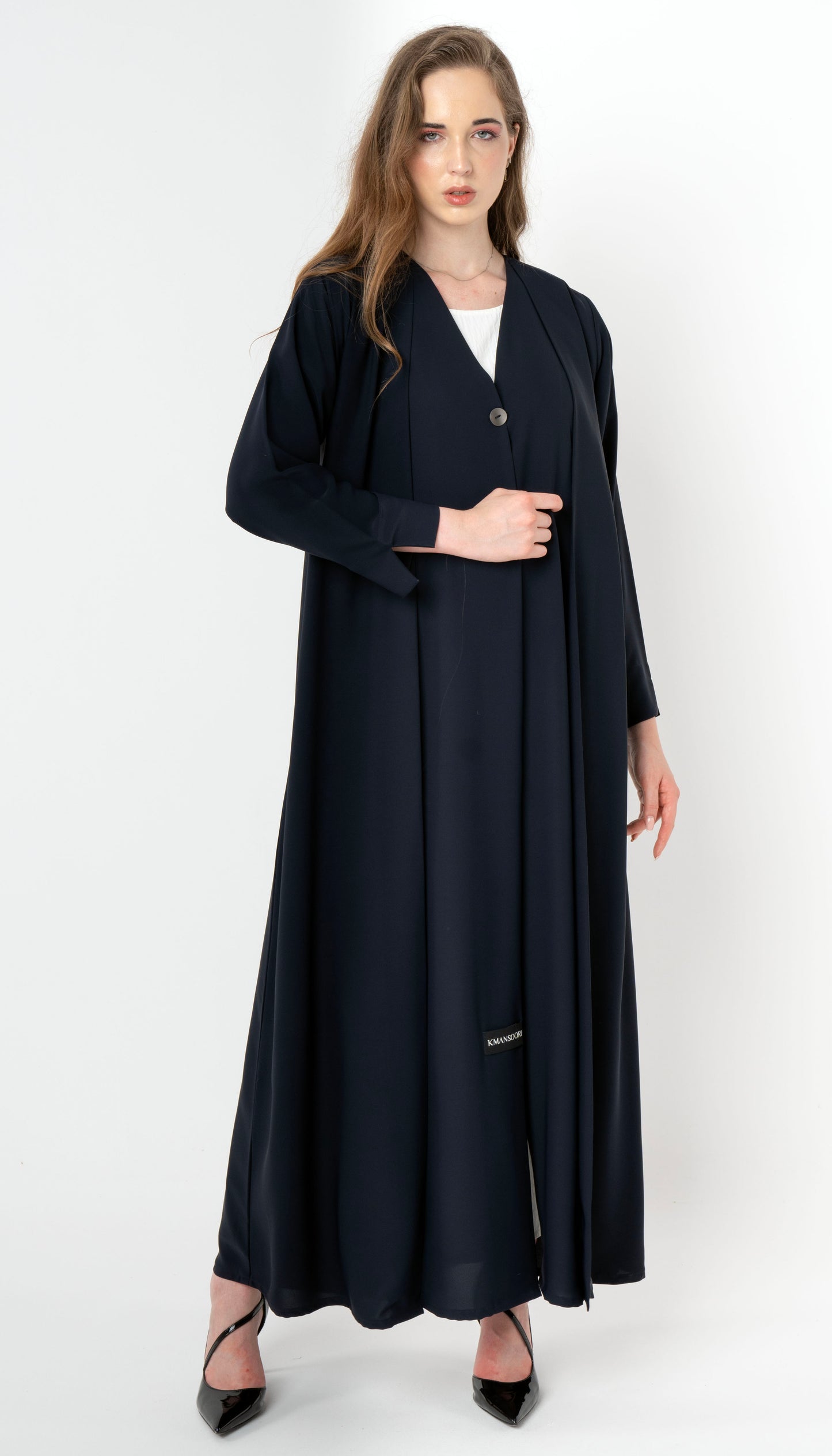 Double Layered Abaya With Elegantly Embellished Button Adorning The Front