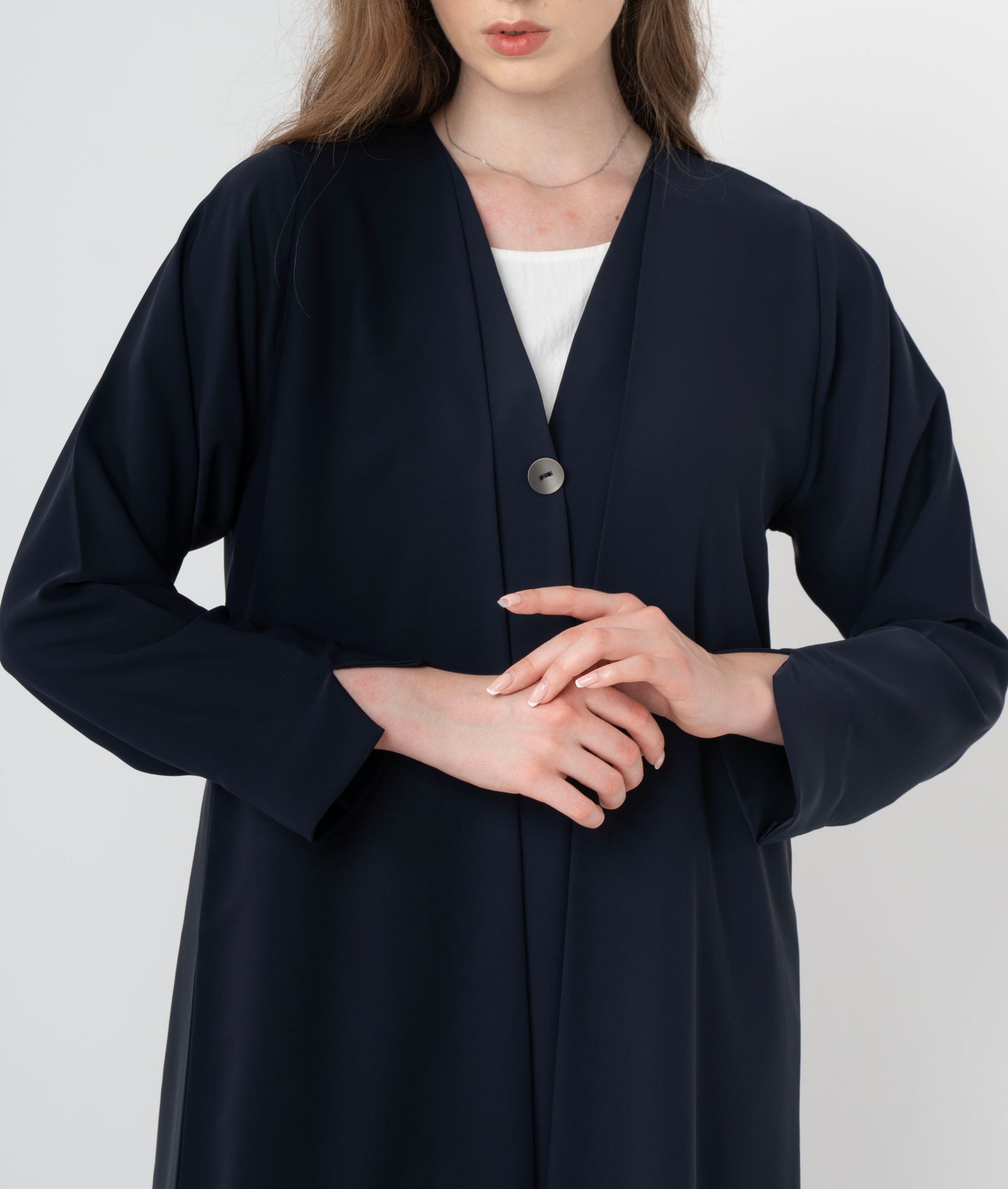 Double Layered Abaya With Elegantly Embellished Button Adorning The Front
