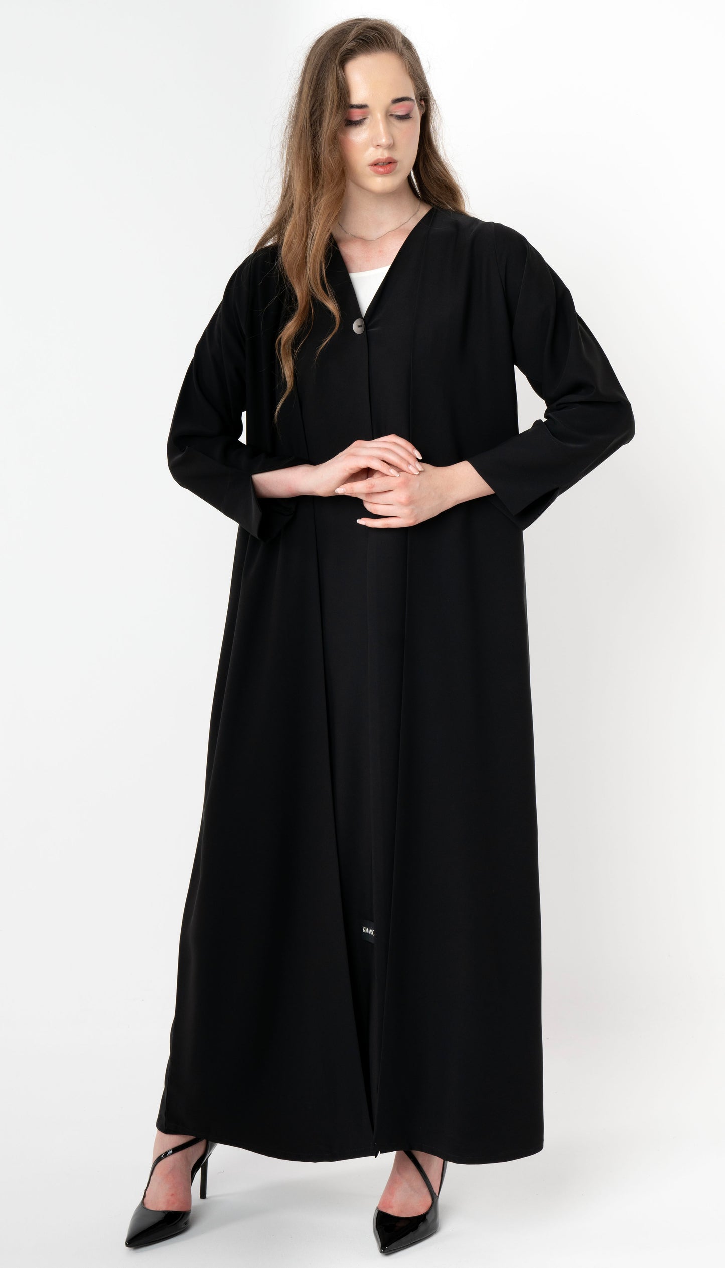 Double Layered Abaya With Elegantly Embellished Button Adorning The Front