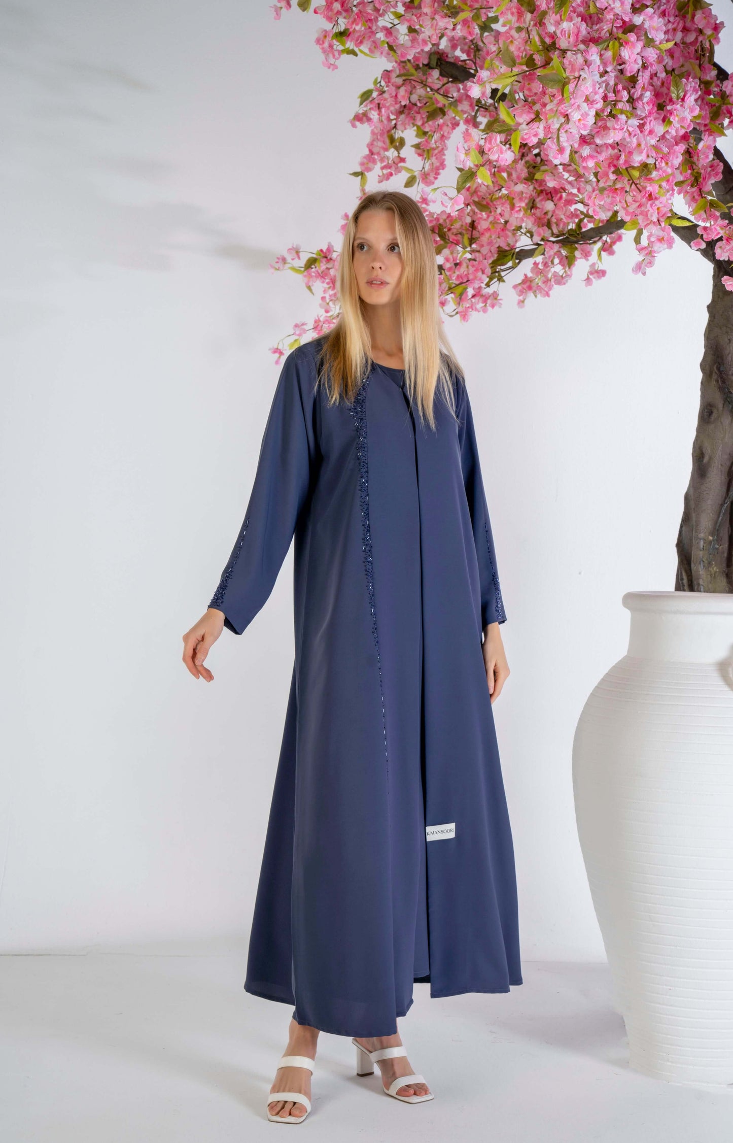 Soft Fabric Blue Abaya With Elegant Curve Line Pattern Bead Work On Front
