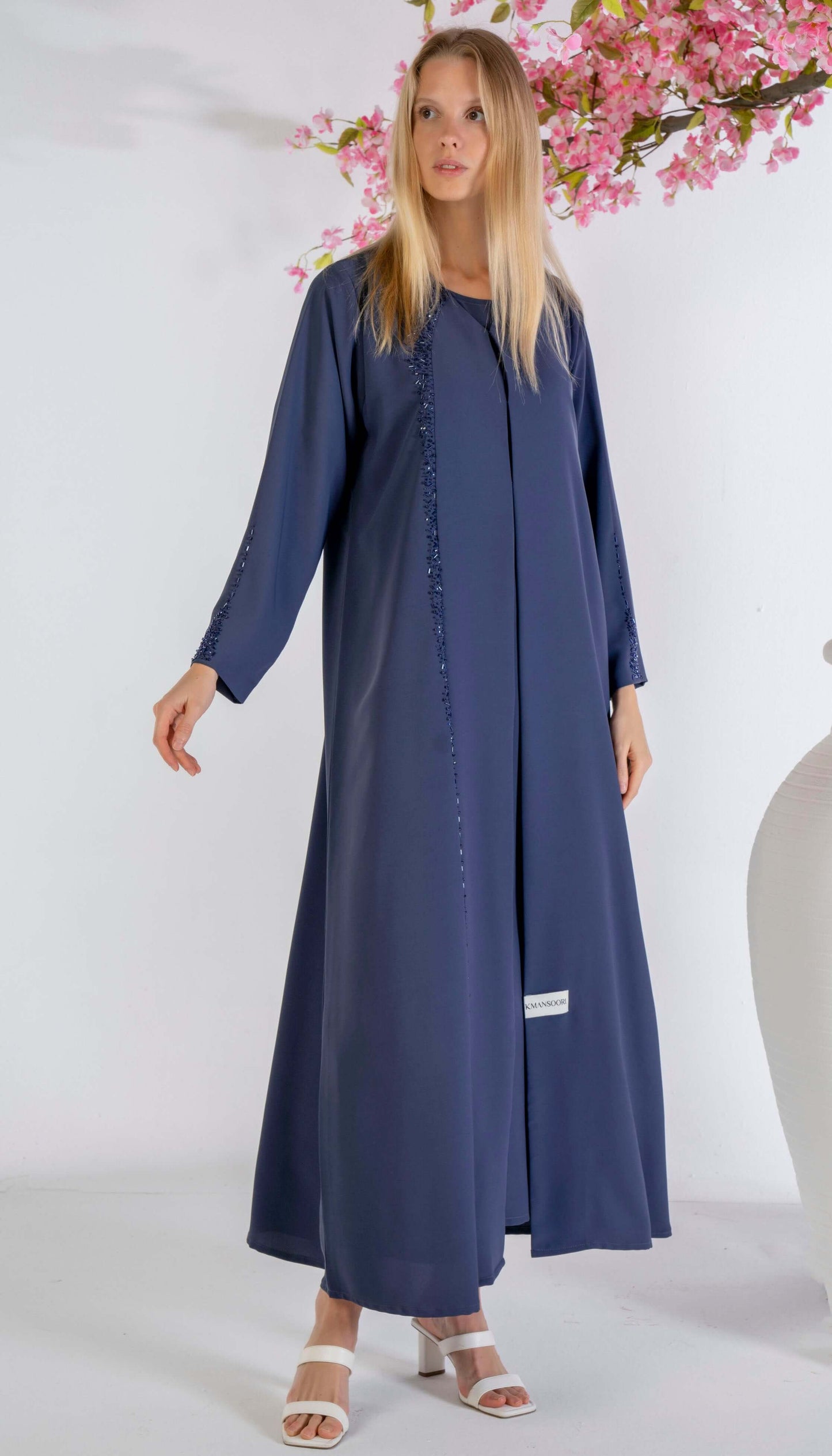 Blue Soft Fabric Abaya With Elegant Curve Line Pattern Bead Work On Front