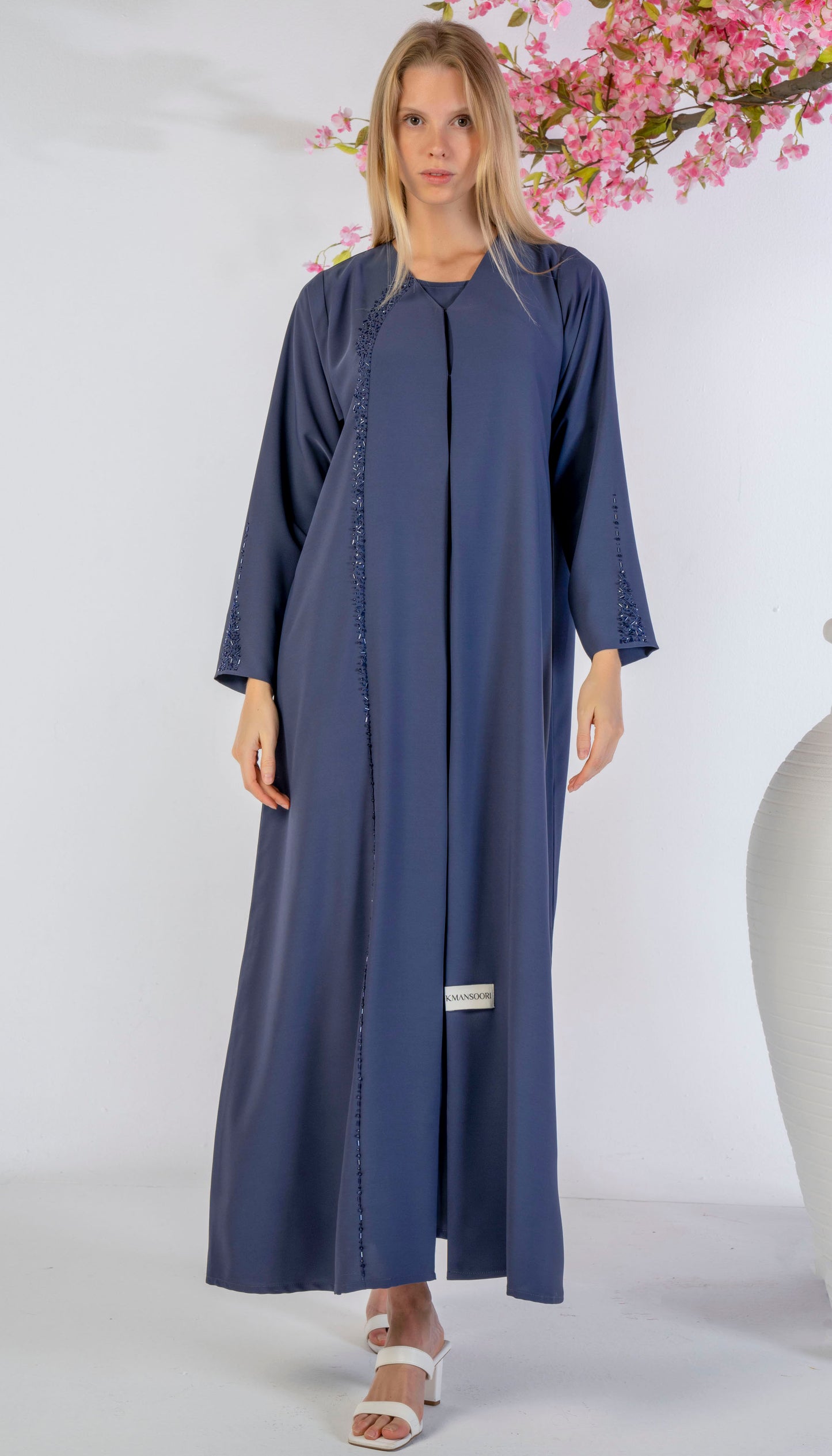 Soft Fabric Abaya With Elegant Curve Line Pattern Bead Work On Front
