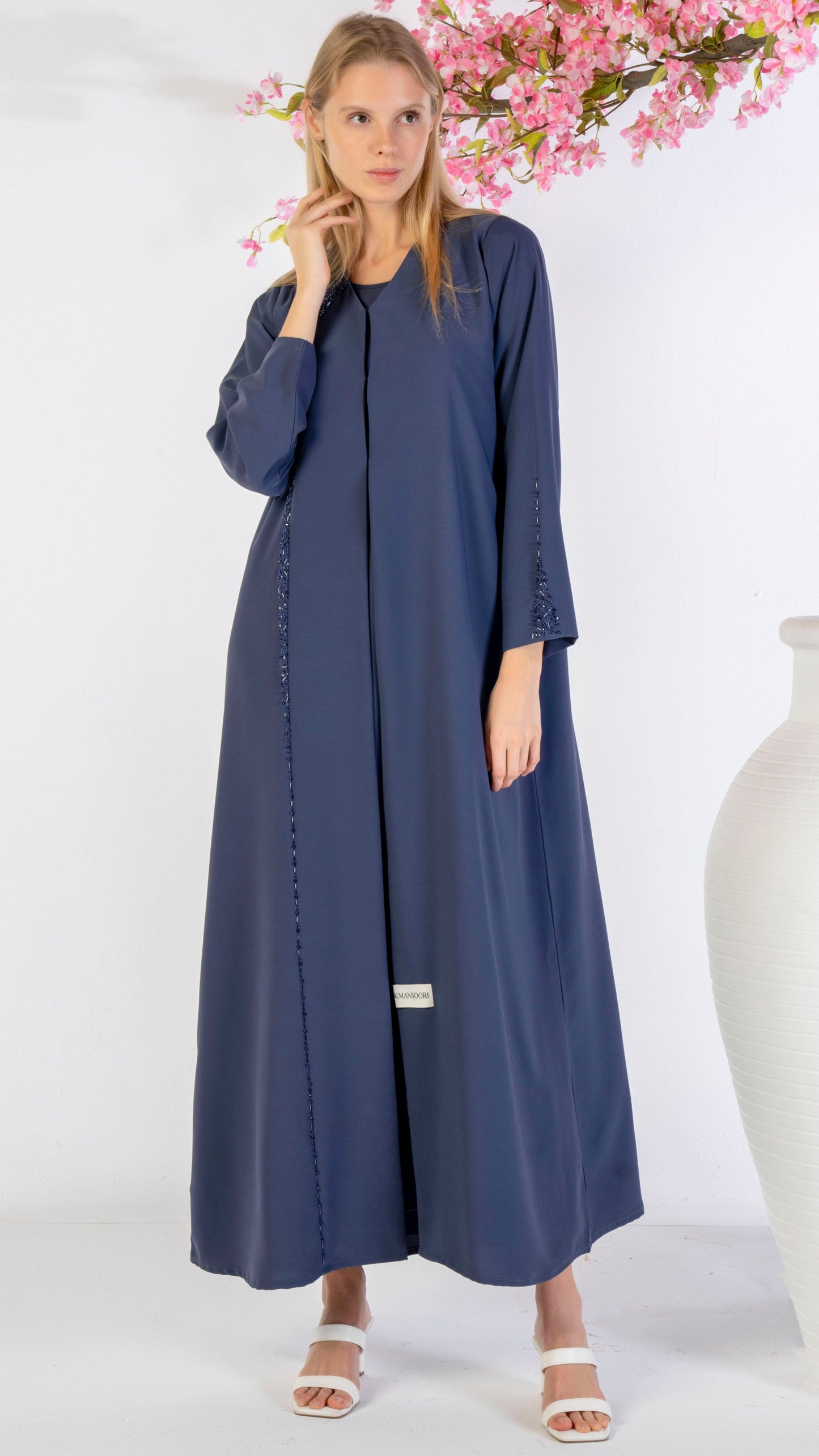 Soft Fabric Abaya With Elegant Curve Line Pattern Bead Work On Front