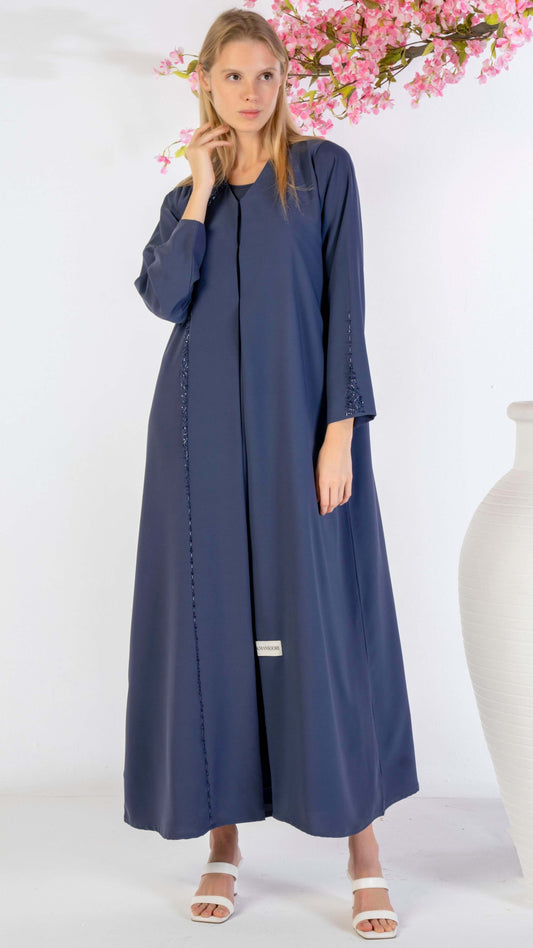 Soft Fabric Blue Abaya With Elegant Curve Line Pattern Bead Work On Front