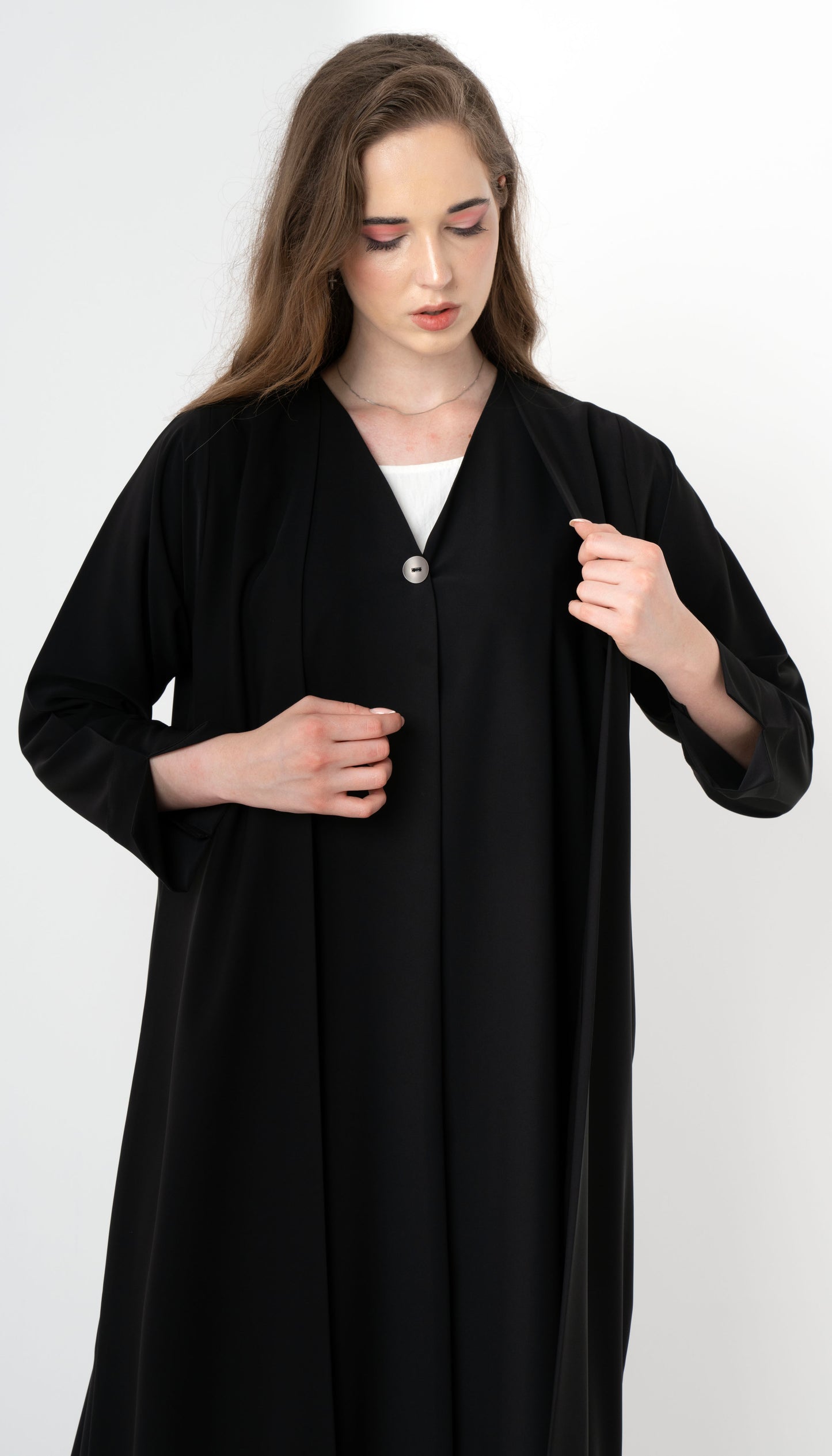 Double Layered Abaya With Elegantly Embellished Button Adorning The Front