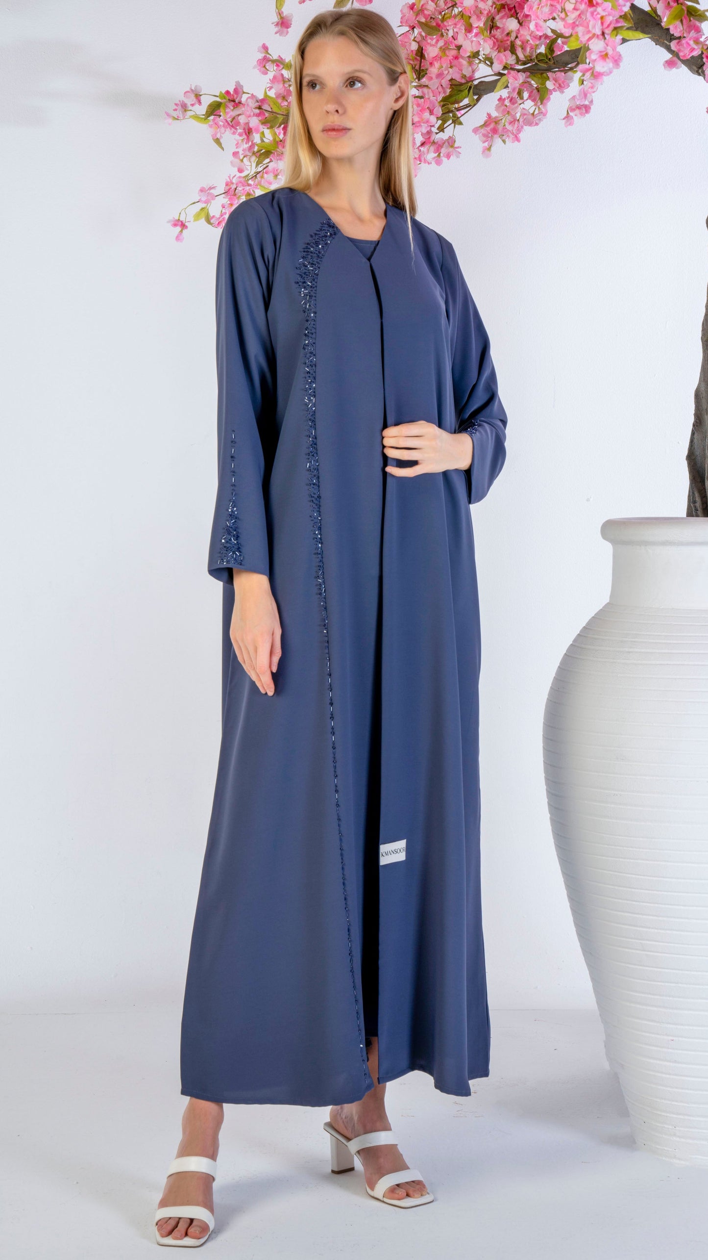Soft Fabric Abaya With Elegant Curve Line Pattern Bead Work On Front