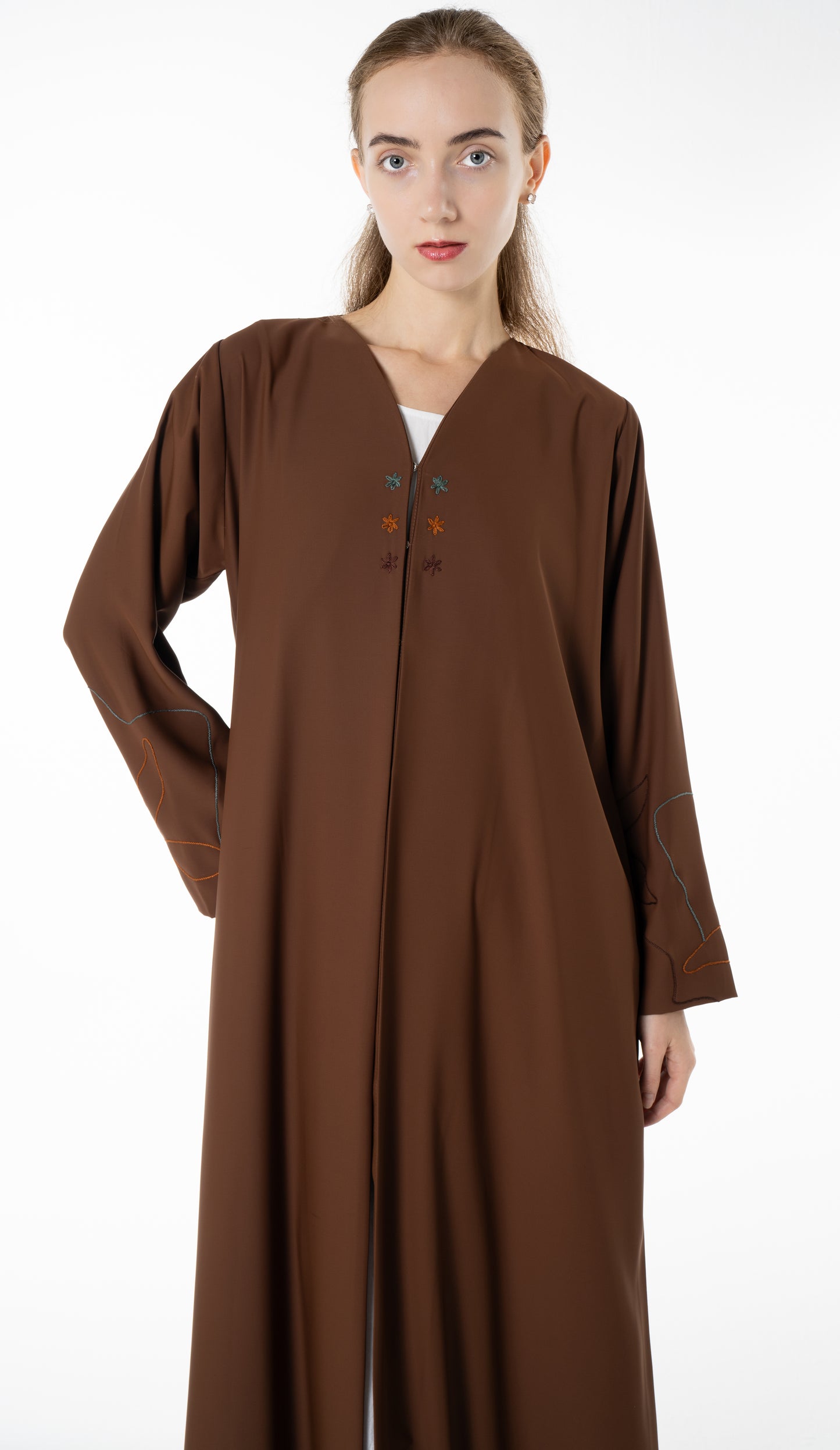 Elegant Brown Abaya with Floral Threadwork Detailing