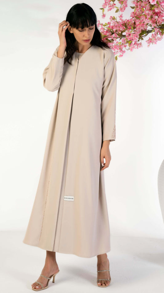 Soft Fabric Beige Abaya With Elegant Curve Line Pattern Bead Work On Front