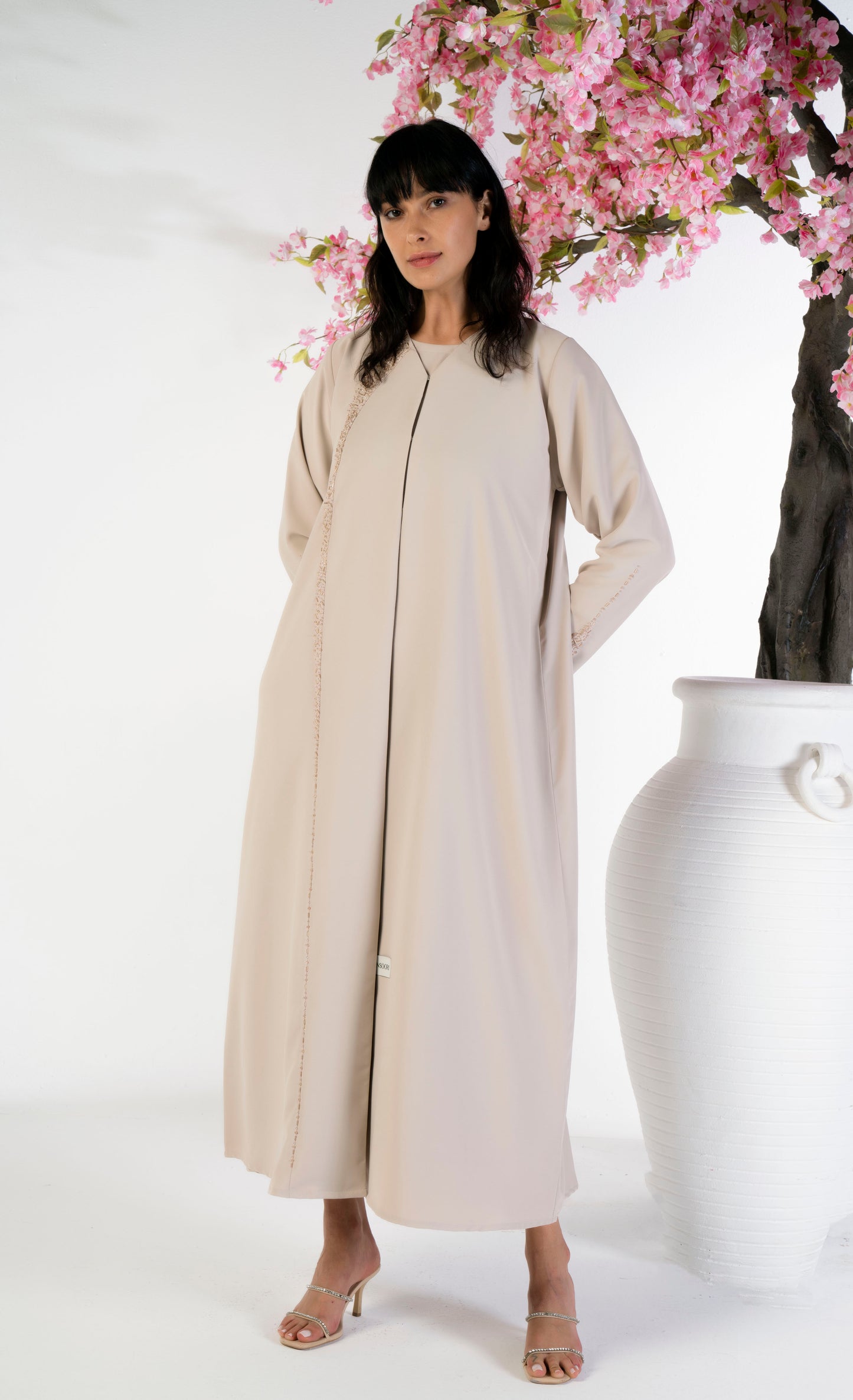 Soft Fabric Abaya With Elegant Curve Line Pattern Bead Work On Front
