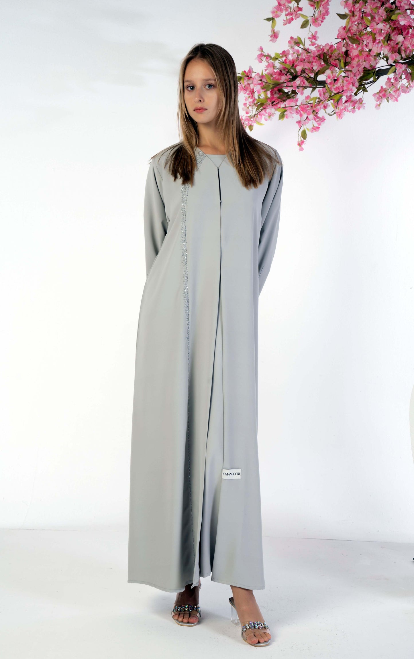 Soft Fabric Grey Abaya With Elegant Curve Line Pattern Bead Work On Front