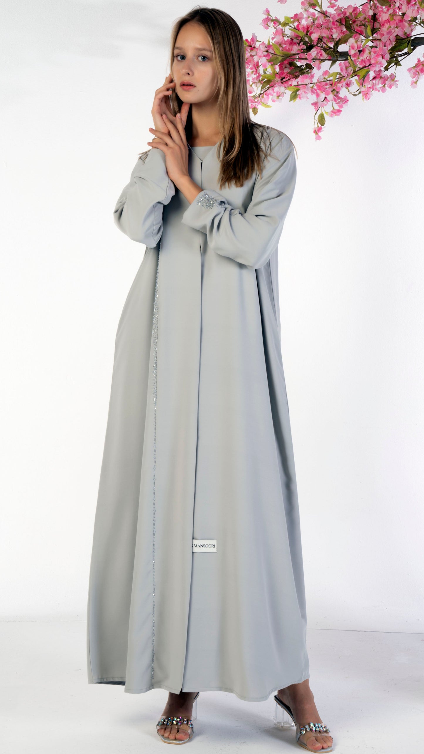 Soft Fabric Abaya With Elegant Curve Line Pattern Bead Work On Front