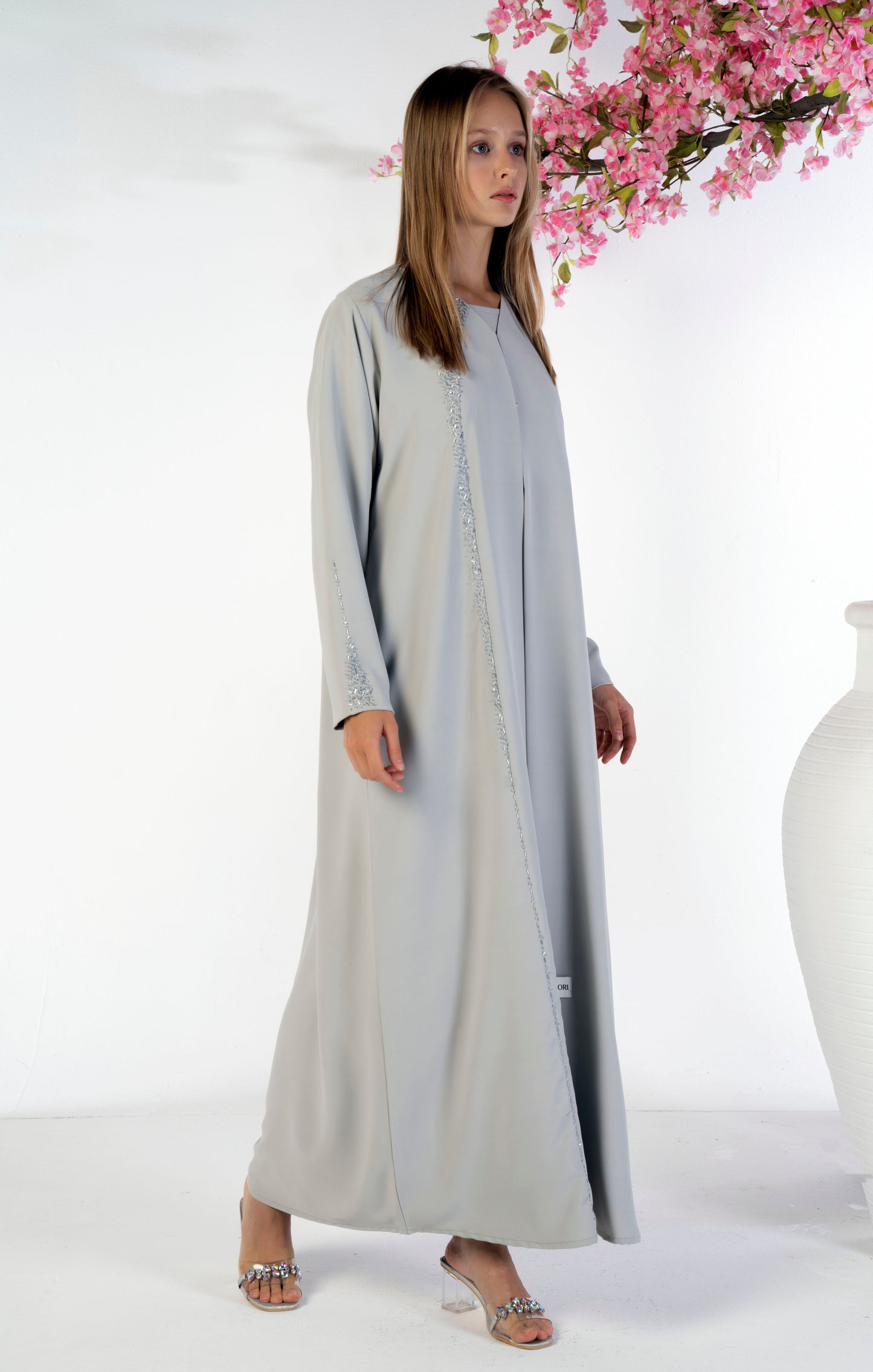 Soft Fabric Abaya With Elegant Curve Line Pattern Bead Work On Front