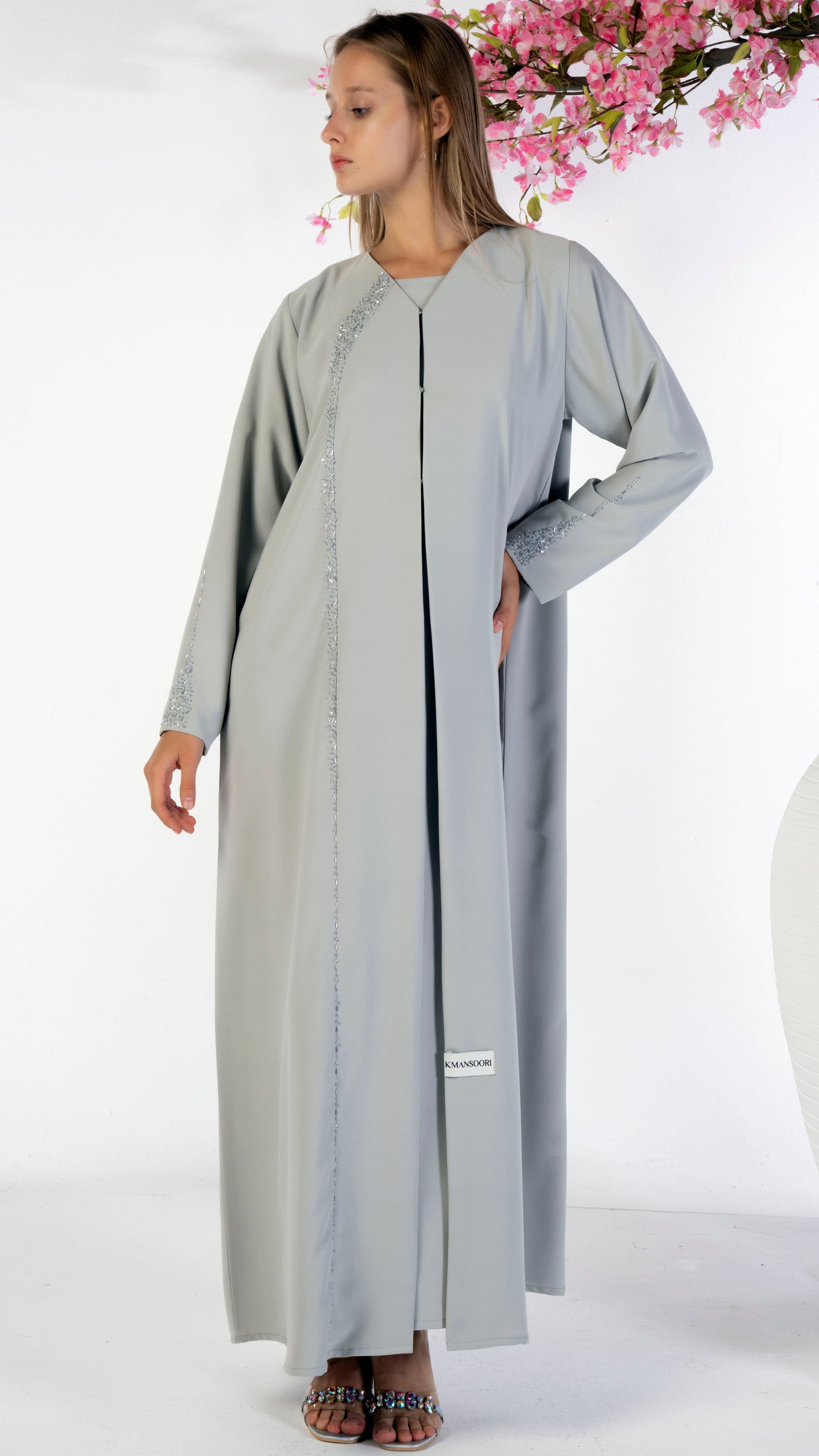 Soft Fabric Abaya With Elegant Curve Line Pattern Bead Work On Front