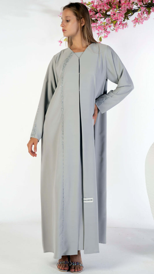 Soft Fabric Grey Abaya With Elegant Curve Line Pattern Bead Work On Front