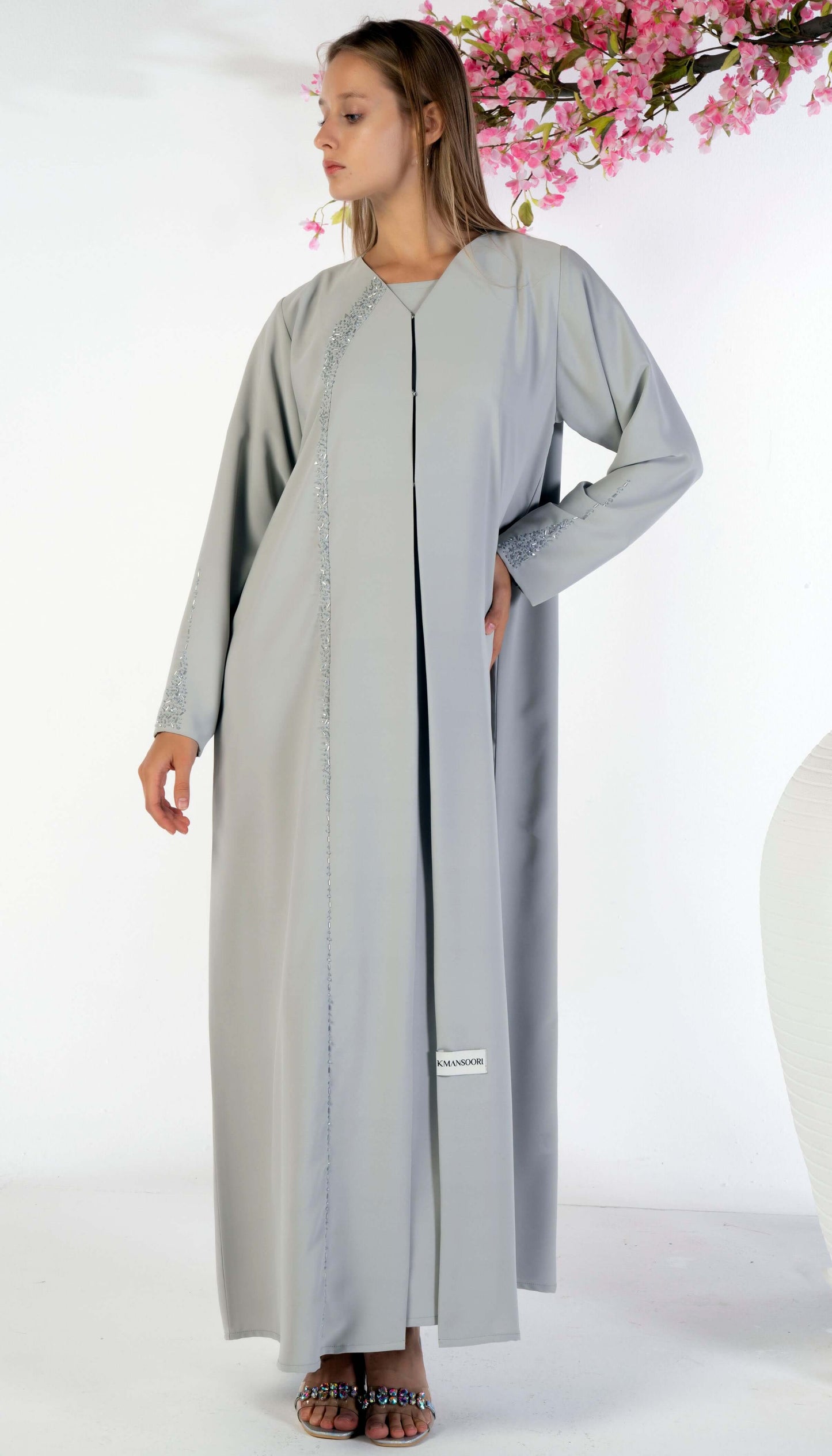 Soft Fabric Grey Abaya With Elegant Curve Line Pattern Bead Work On Front