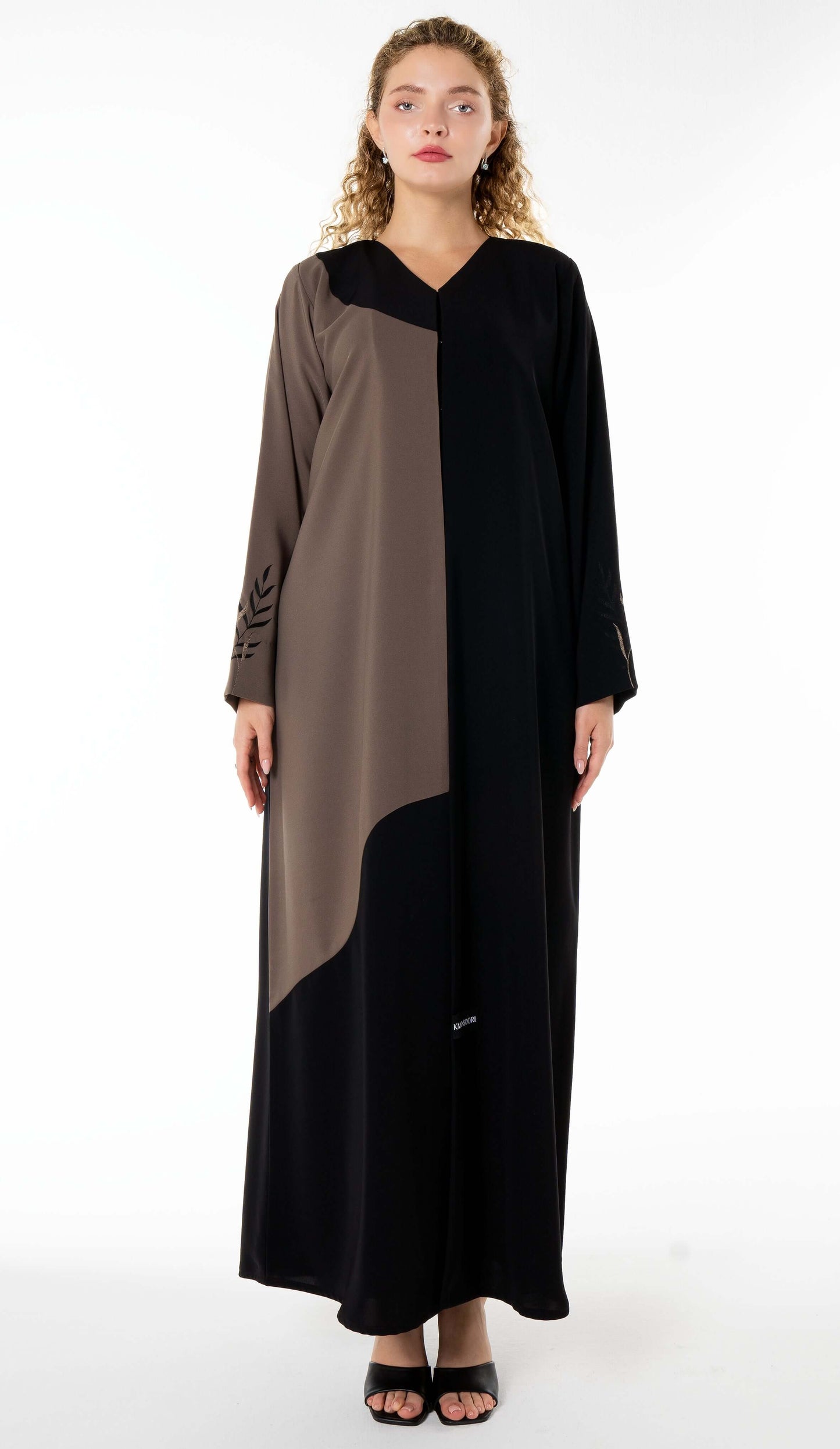 Contrast Color Abaya With Simple Floral Embroidery On Sleeves