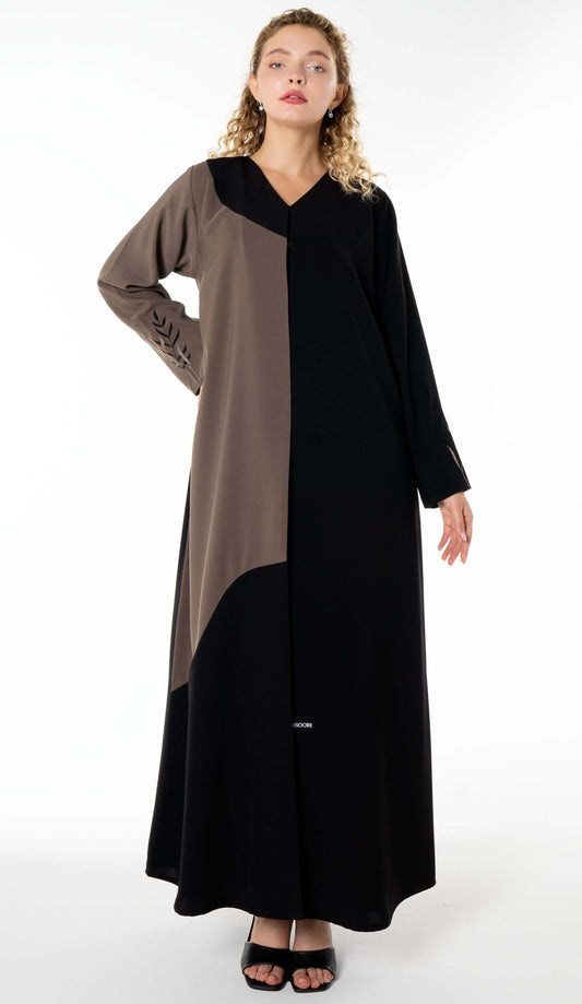 Contrast Color Abaya With Simple Floral Embroidery On Sleeves
