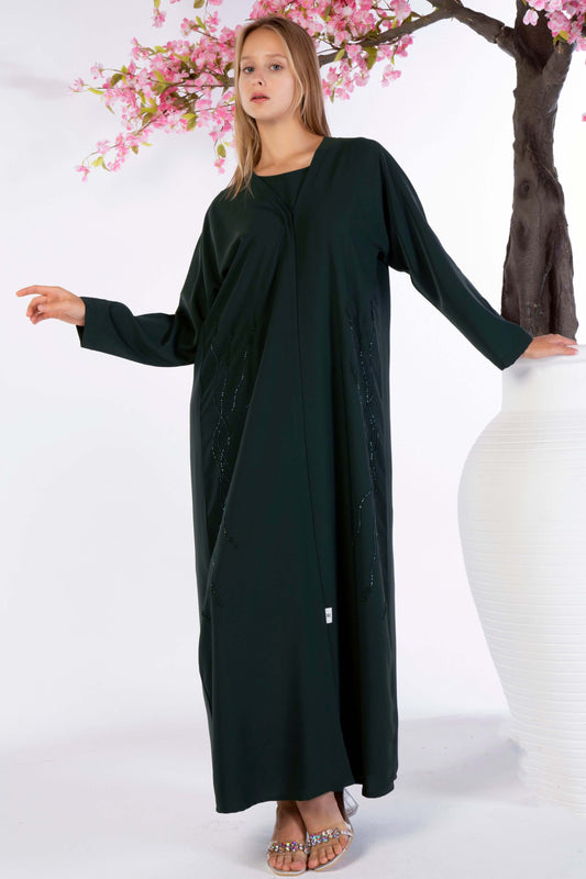 Green Bisht Abaya With Floral Embroidery On Sides