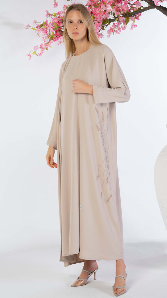 Beige Bisht Abaya With Floral Embroidery On Sides